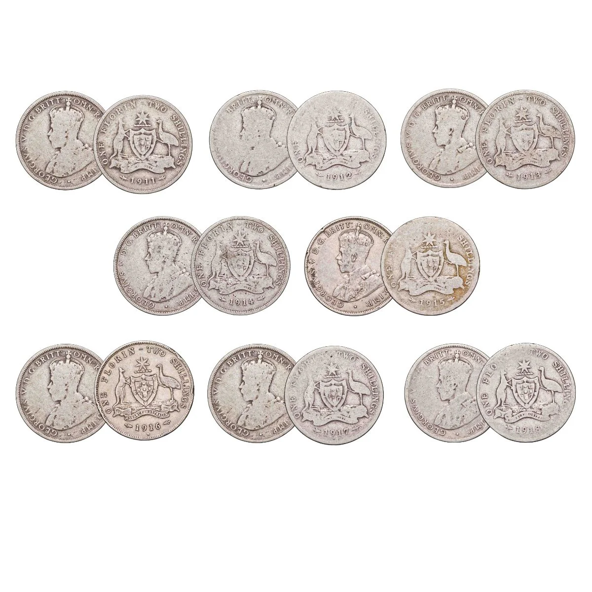 Australia George V 1911-18 Florin Good-Very Good 8-Coin Set (Mints of our choice)