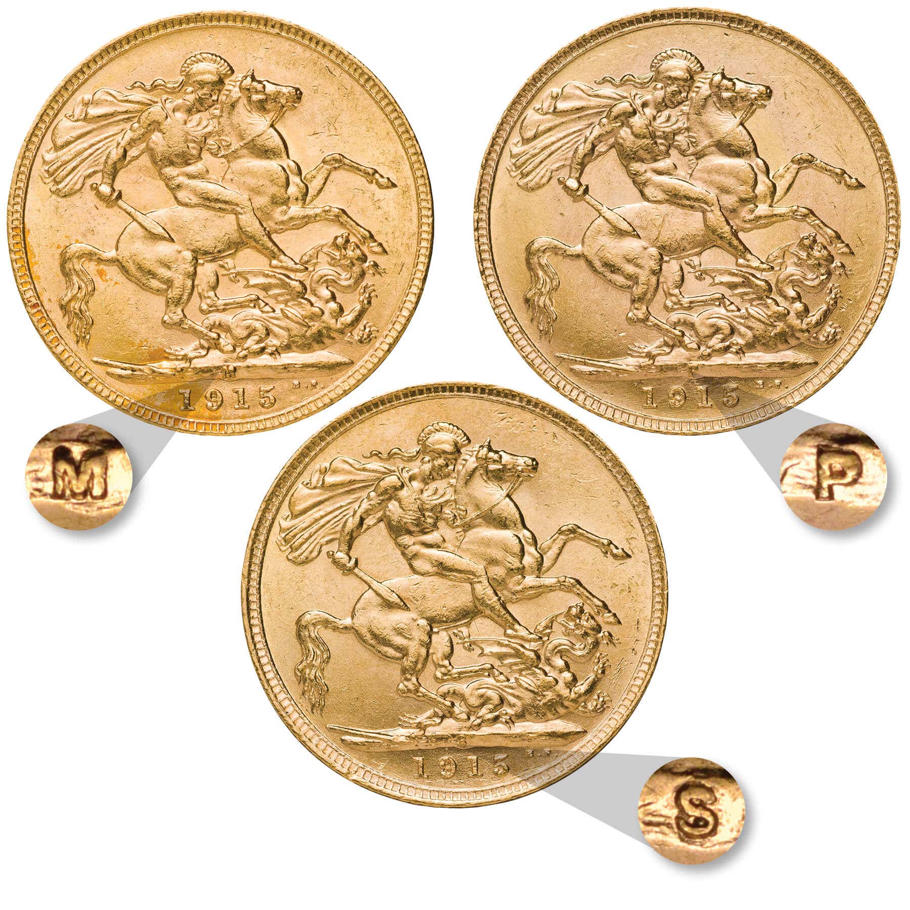1915 Melbourne Sydney Perth George V Gold Sovereign 3-Coin Set Extremely Fine-about Uncirculated