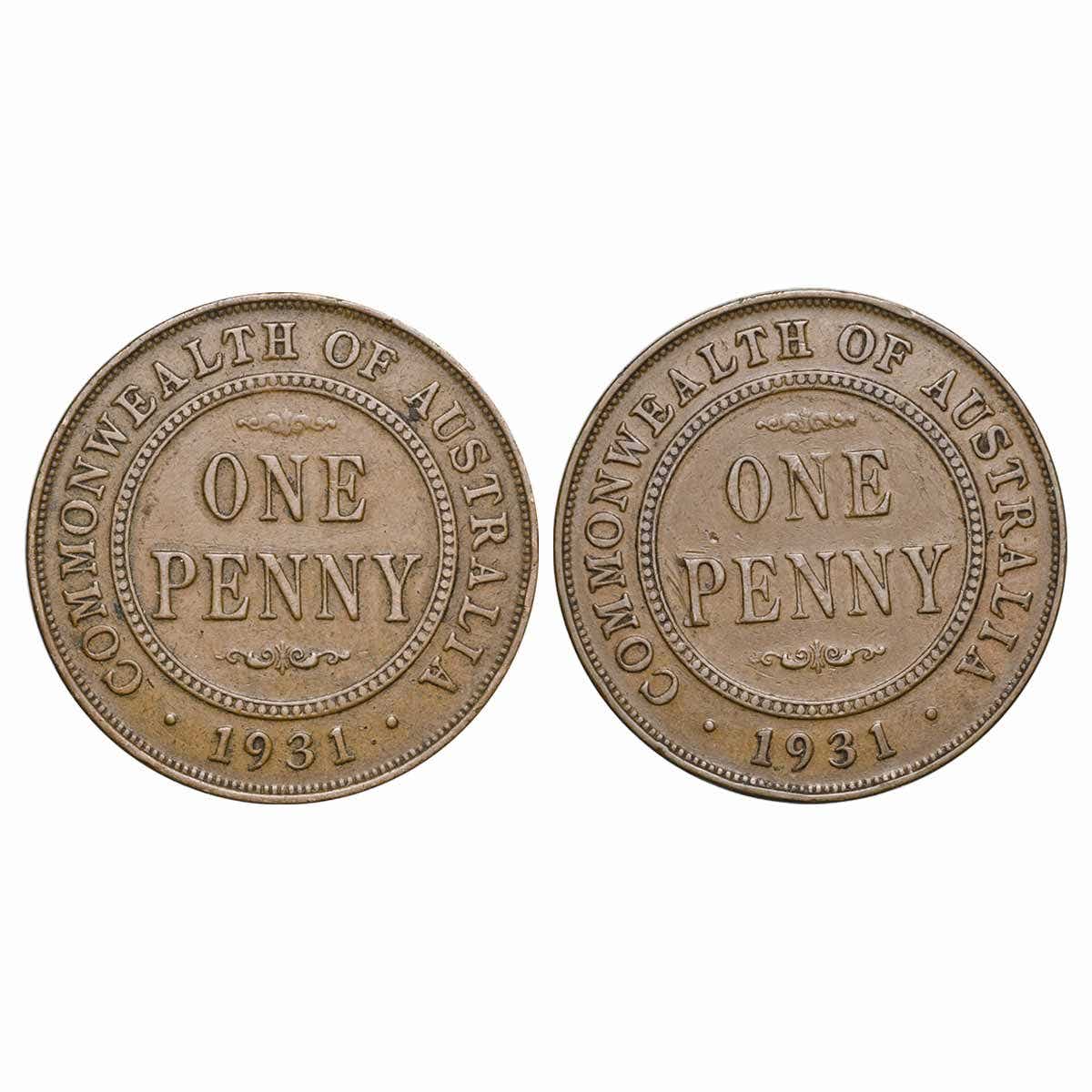 1931 Penny Indian & London Obverse Pair Fine-Very Fine