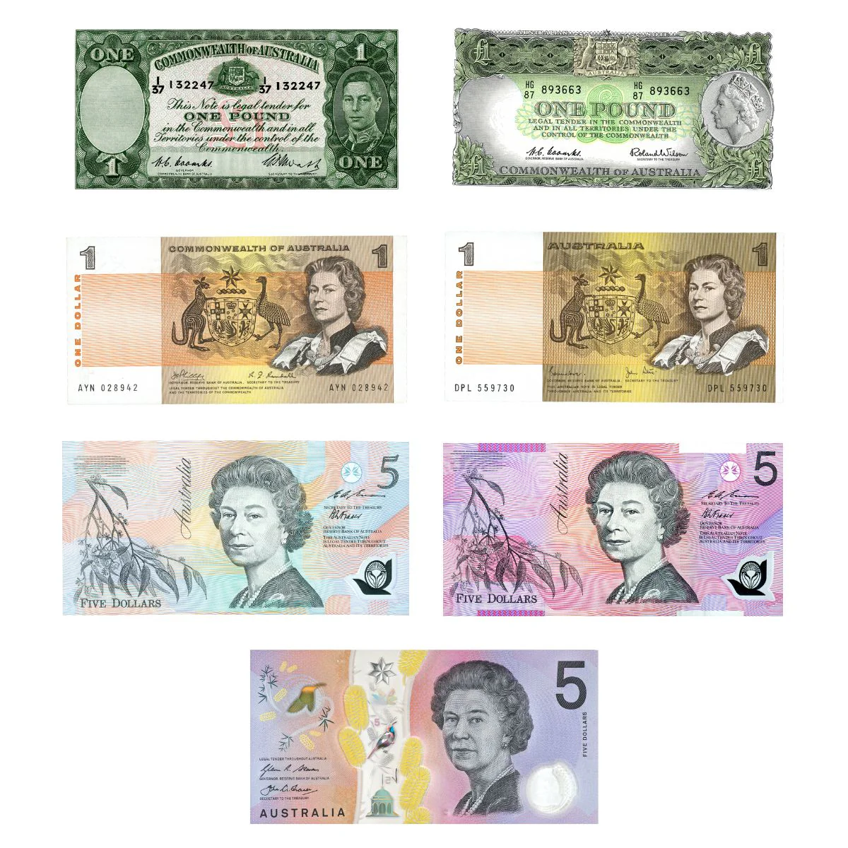 Australia 1938-2016 Royal Portraits Uncirculated 7-Note Set