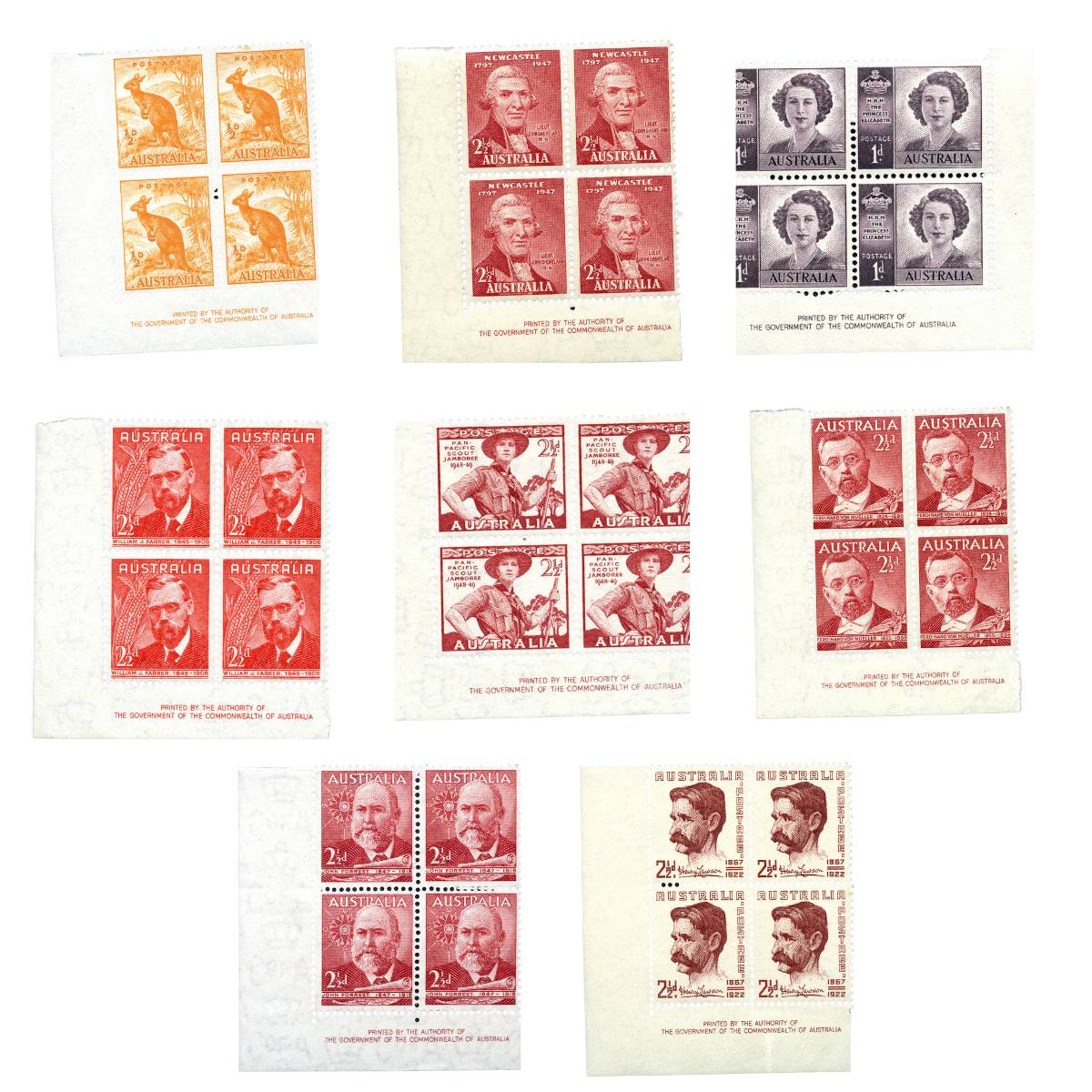 Australia 1942-49 Authority Imprint Blocks of Four Stamps 8-Block Set Mint Unhinged