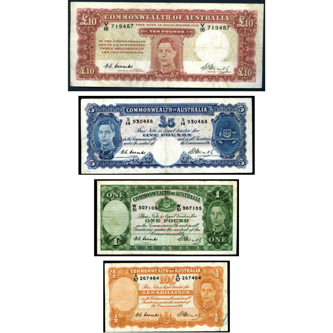1949 10/-, £1, £5, £10 Coombs/Watt complete signature set of four notes (FINE-VF)