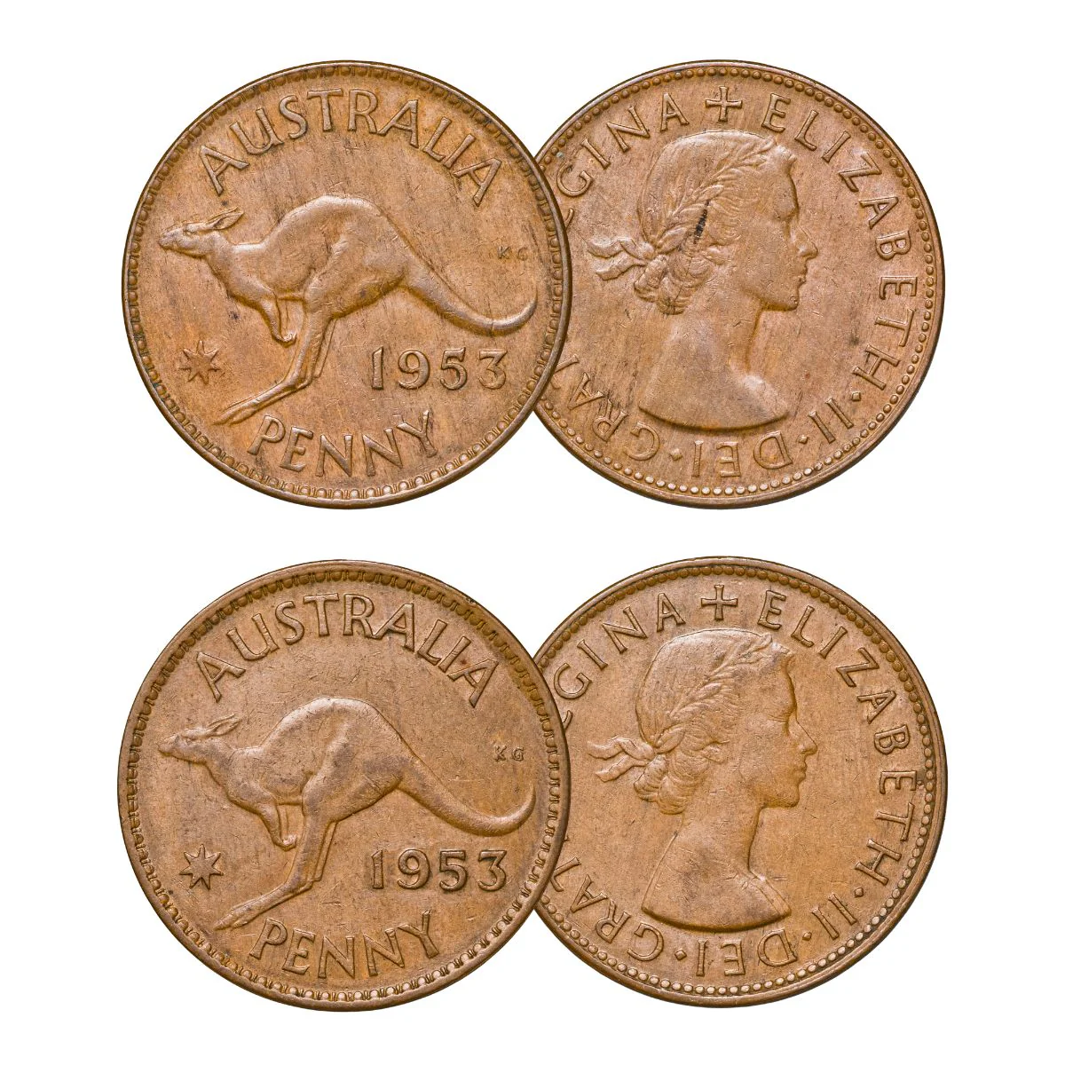 1953 Melbourne Penny with "Long 5 different 3" variety & Standard Type pair Fine-Very Fine