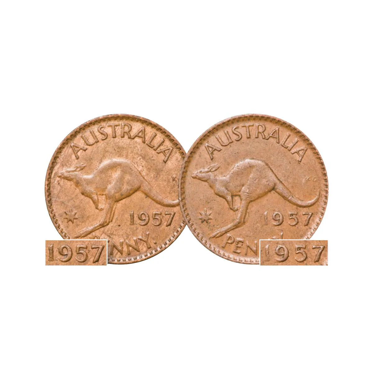1957Y Perth Penny Wide Date variety with normal issue Selected Average Circ (2 coins)