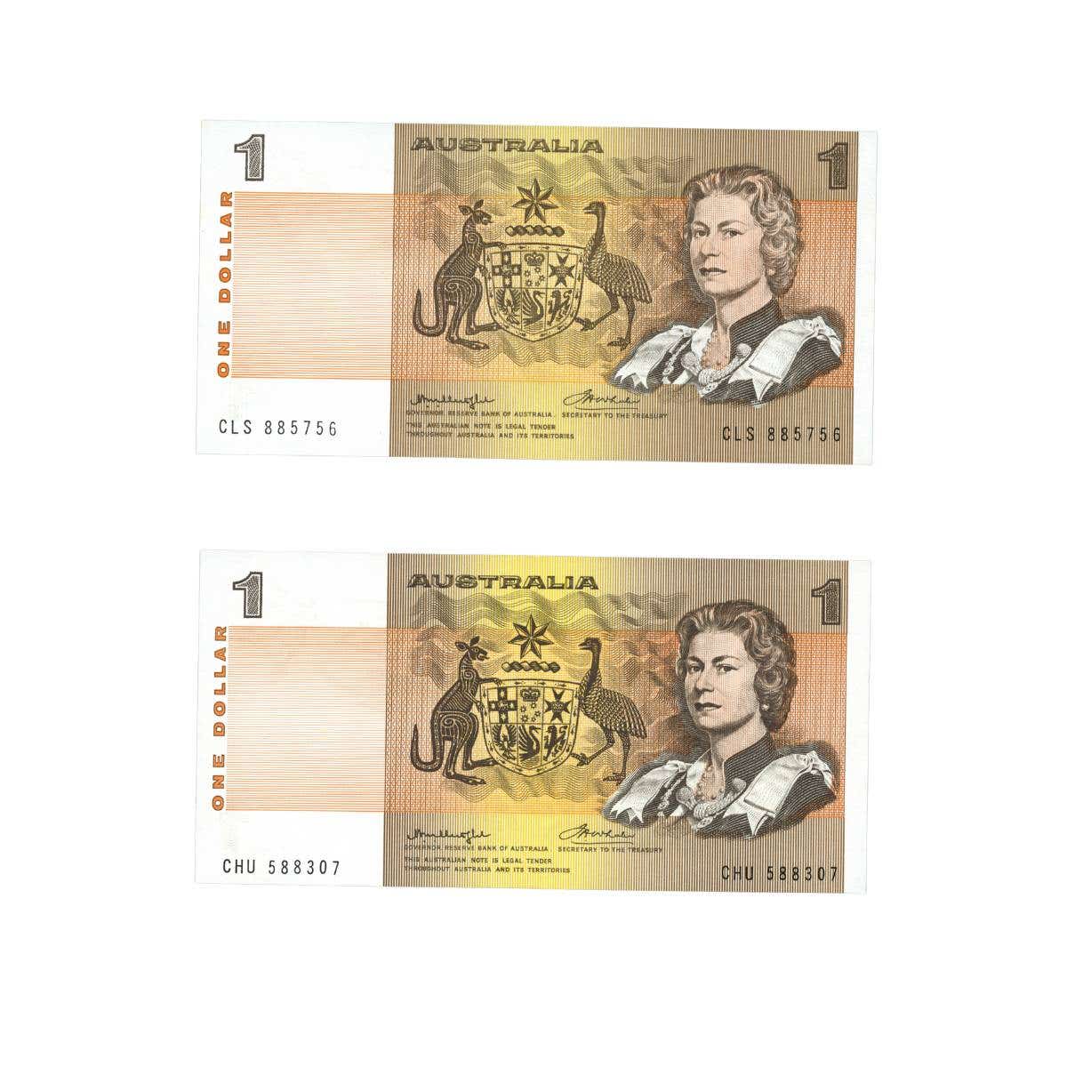 1976 $1 R76a & R76c Knight/Wheeler with  centre & side thread pair Uncirculated (2 notes)