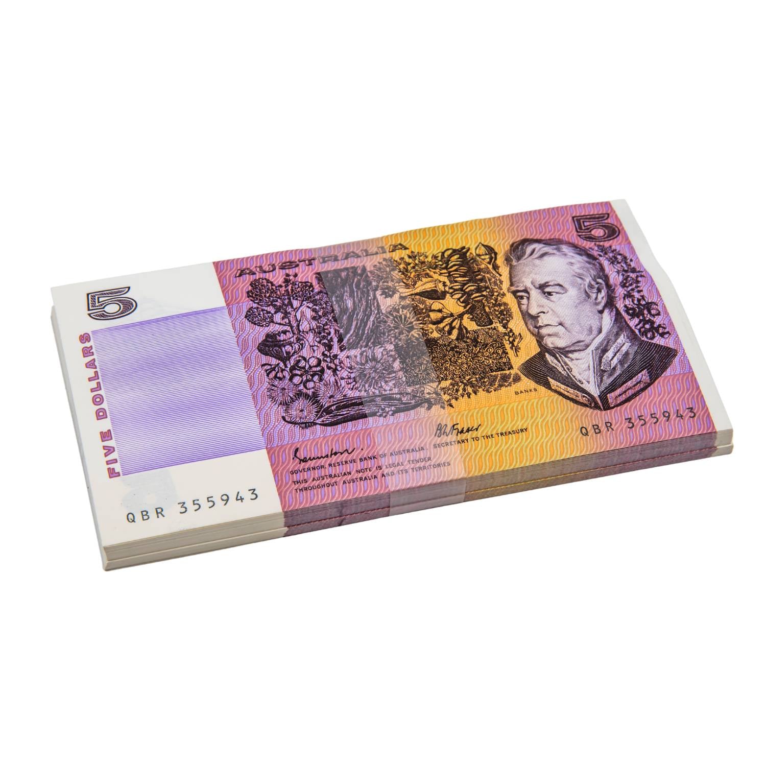 Australia 1985 $5 R209a Johnston/Fraser OCR-B Reserve Bank Bundle of 100 Uncirculated Banknotes