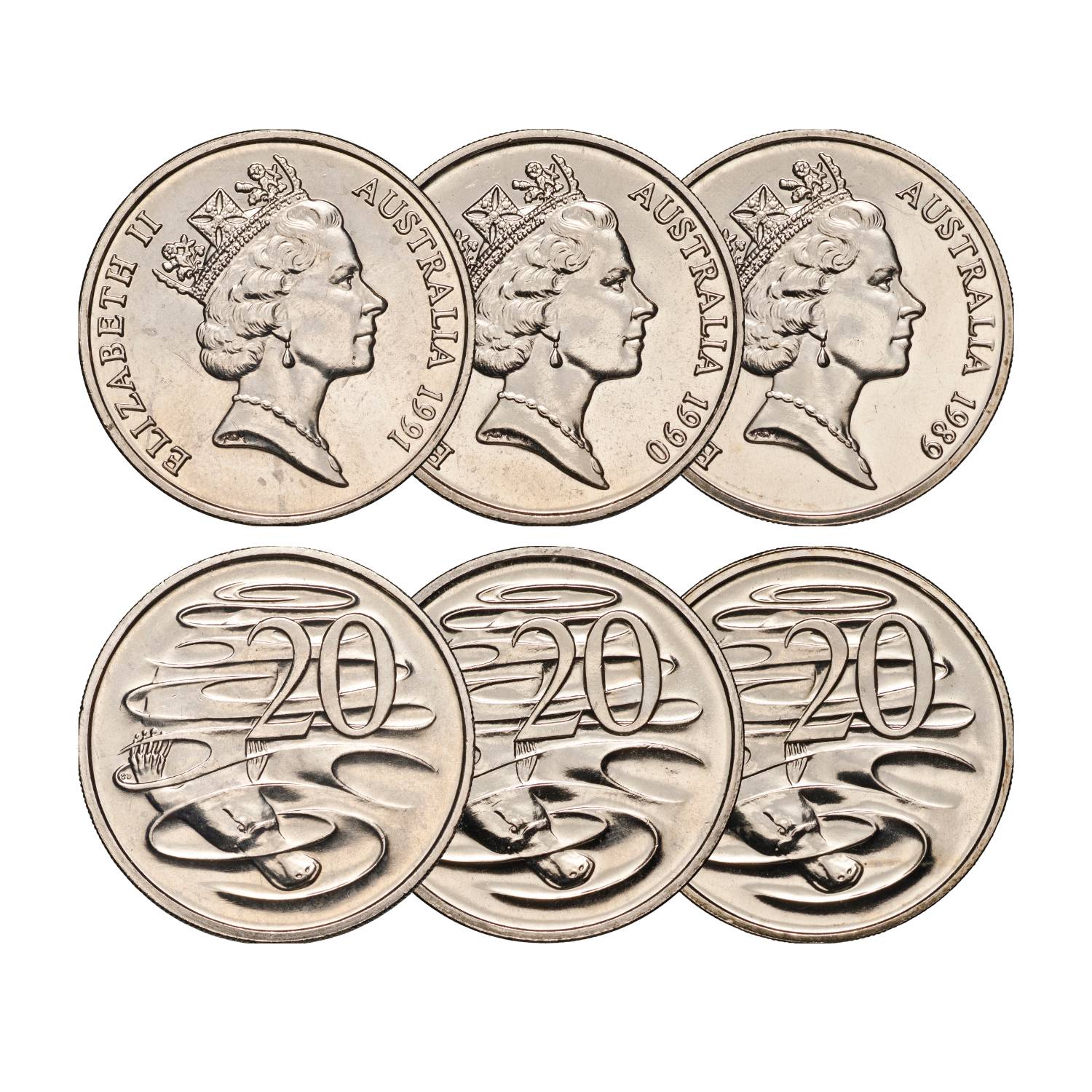 Australia 1989, 1990 & 1991 20c Brilliant Uncirculated 3-Coin Set
