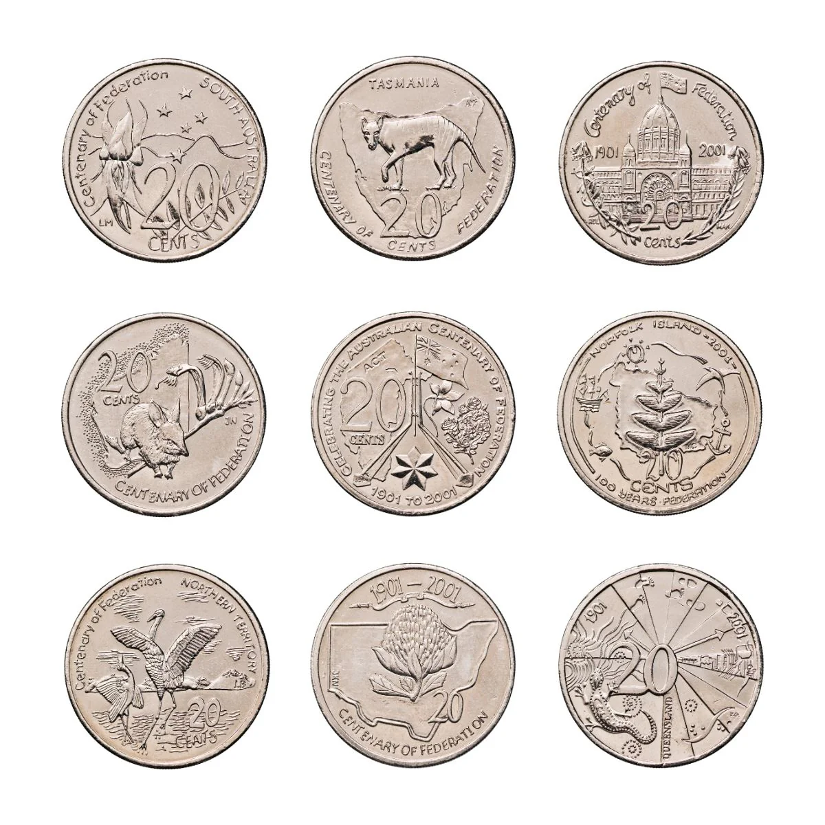 Australia Federation 2001 20c States & Territories Complete Set of Nine Uncirculated 20-Coin Private Rolls (ex RAM bags) - Image 2