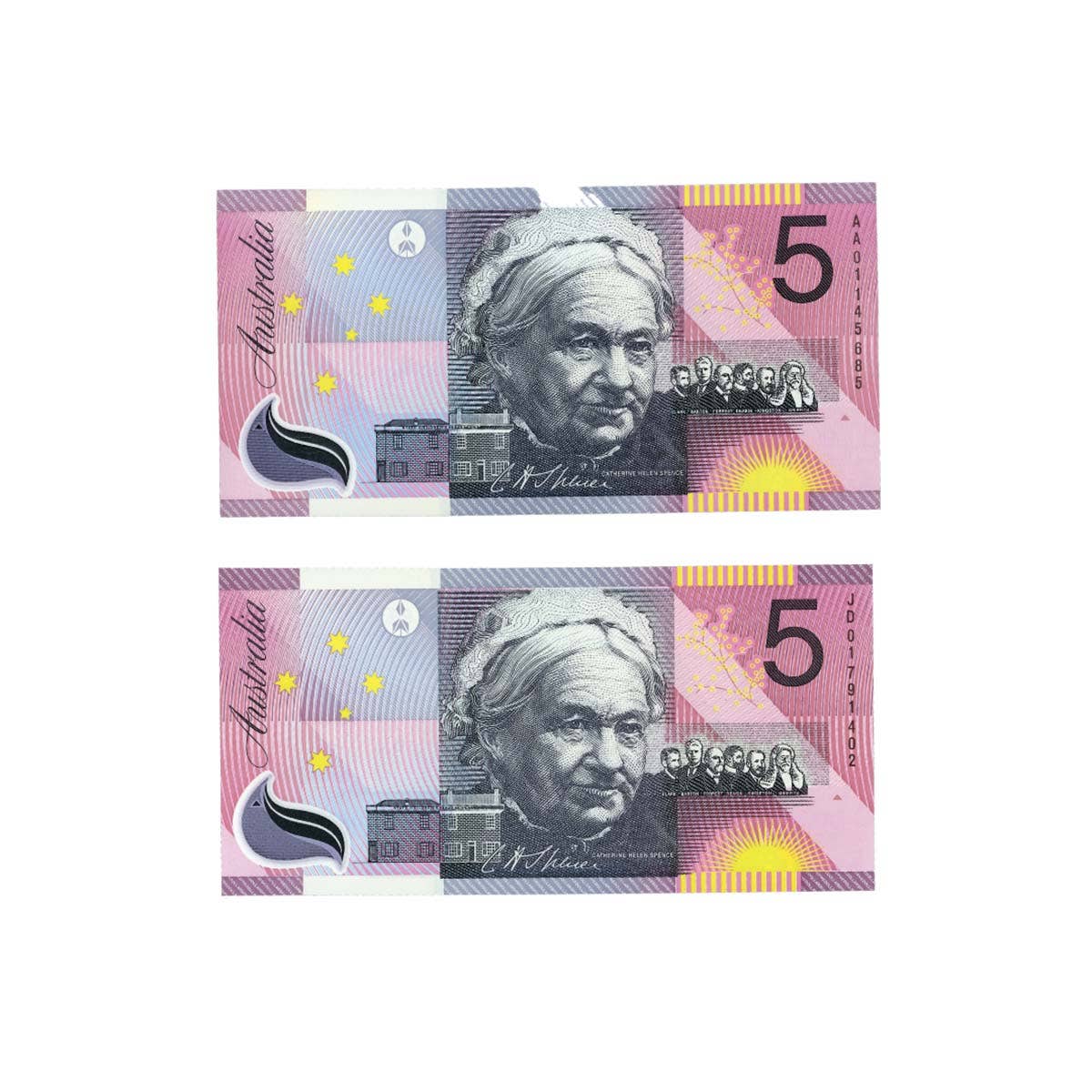 Australia 2001 $5 Federation AA01 First Prefix & JD01 Last Prefix Uncirculated Banknote Pair