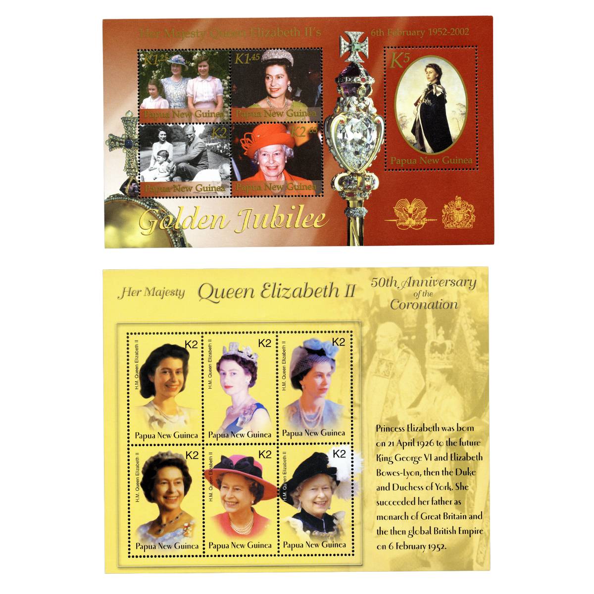 Queen Elizabeth II Golden Jubilee & Coronation 2002-03 Stamp Mini-sheet Pair Mint Unhinged