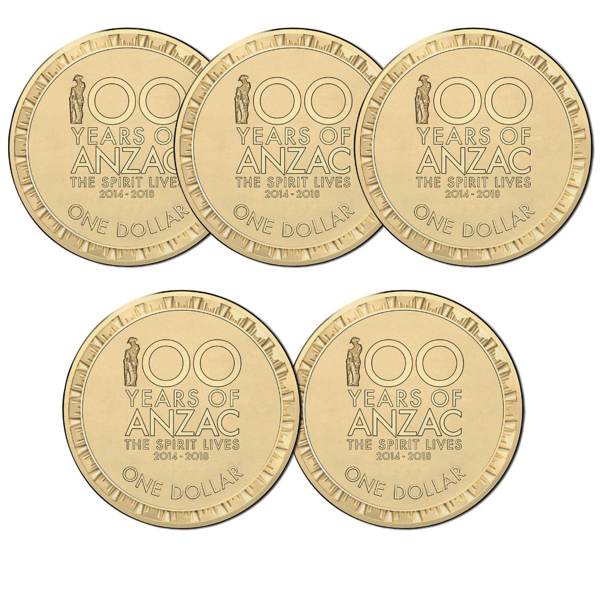 Australia WWI Centenary Spirit Lives 2014-18 $1 Aluminum-Bronze Uncirculated 5-Coin Set