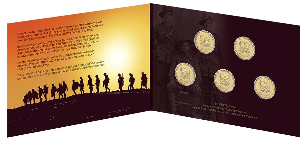 Australia WWI Centenary Spirit Lives 2014-18 $1 Aluminum-Bronze Uncirculated 5-Coin Set - Image 8