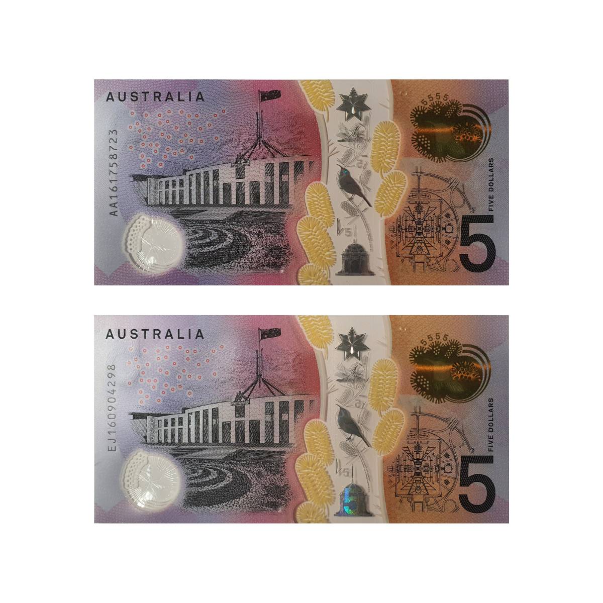 Australia 2016 $5 New Generation AA16 First Prefix & EJ16 Last Year Prefix Uncirculated Banknote Pair