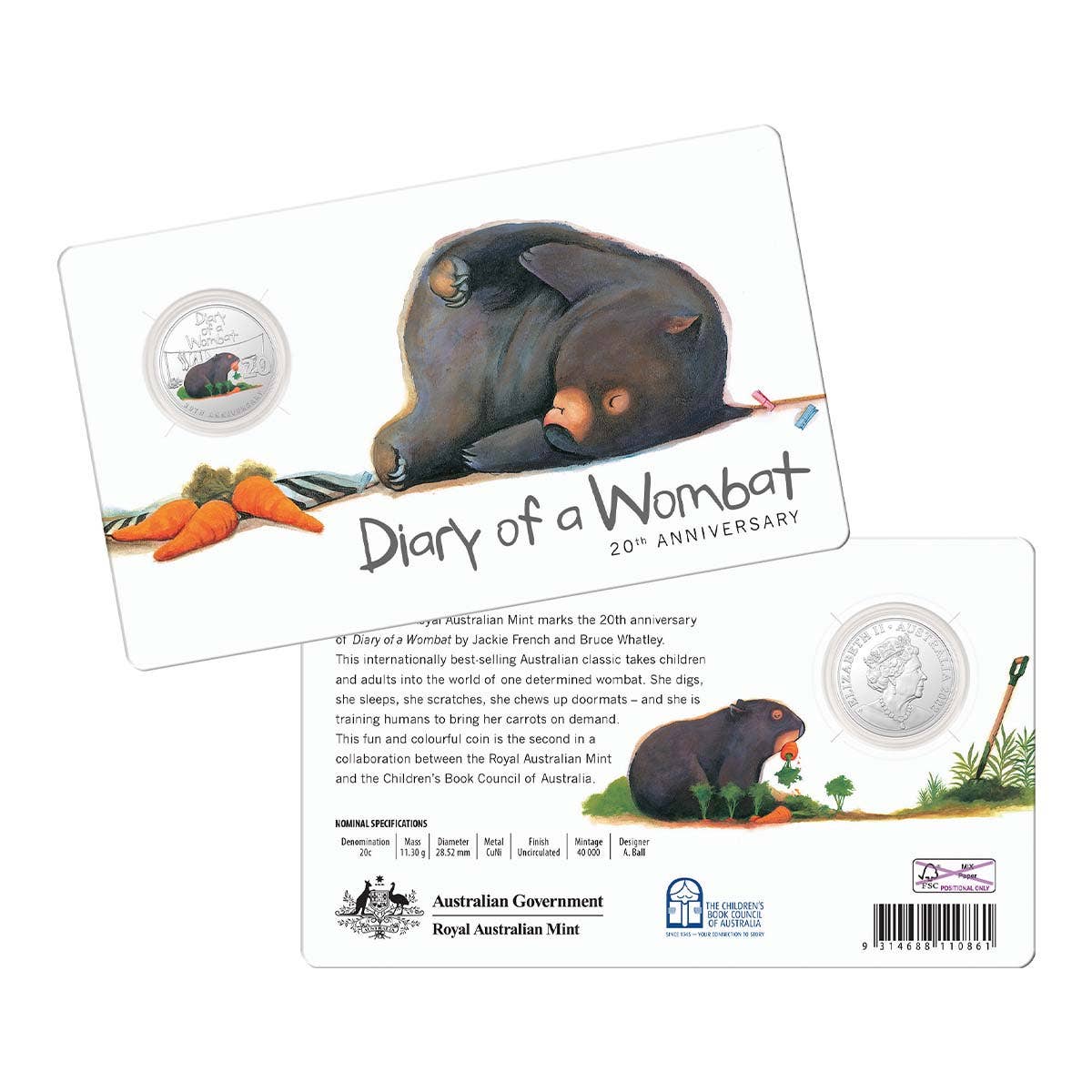 Australia Diary of a Wombat 20th Anniversary 2022 20c Colour Cupro-Nickel Uncirculated Coin