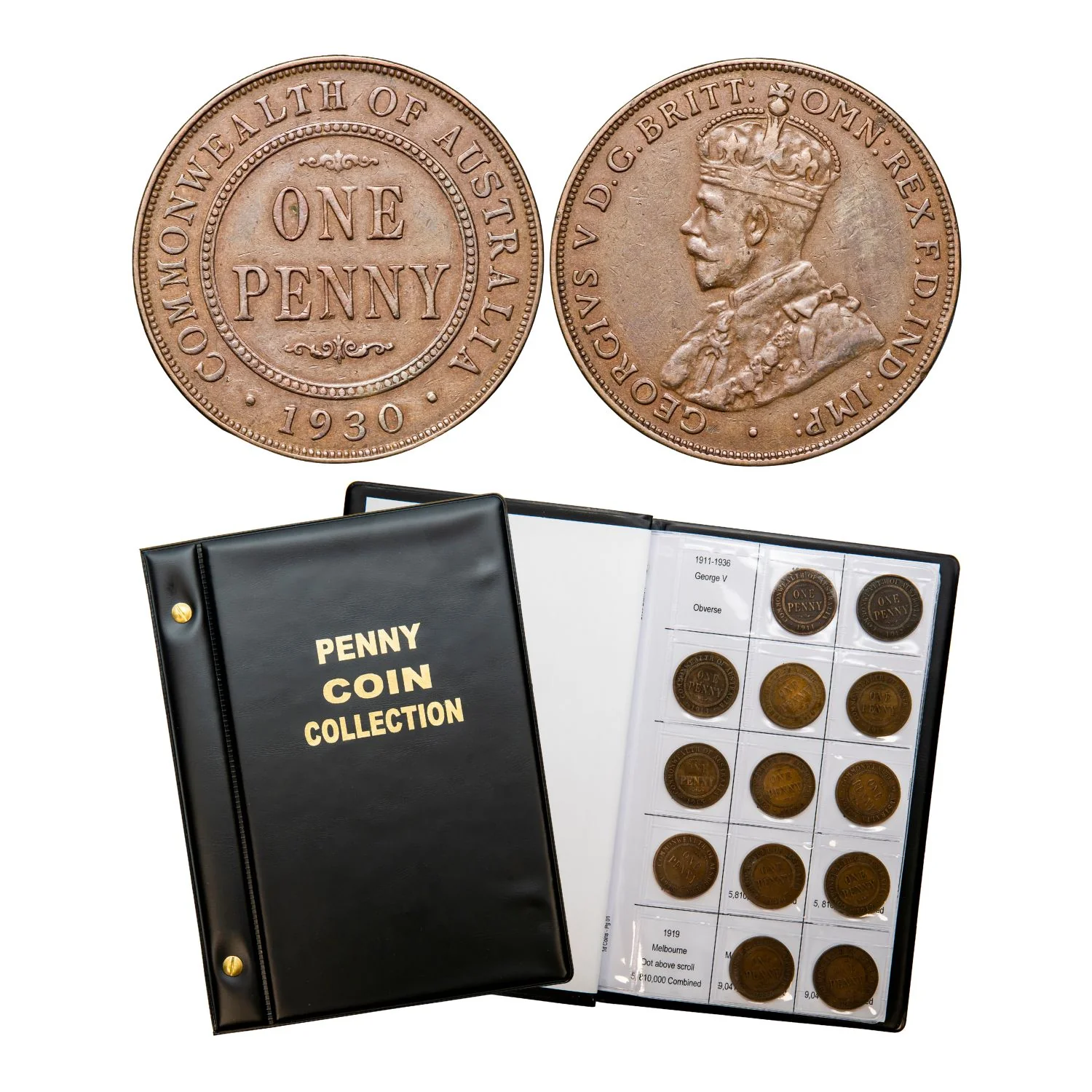 Australia George V 1930 Penny Very Fine with FREE 1911-64 Penny Good-Uncirculated 74-Coin Collection