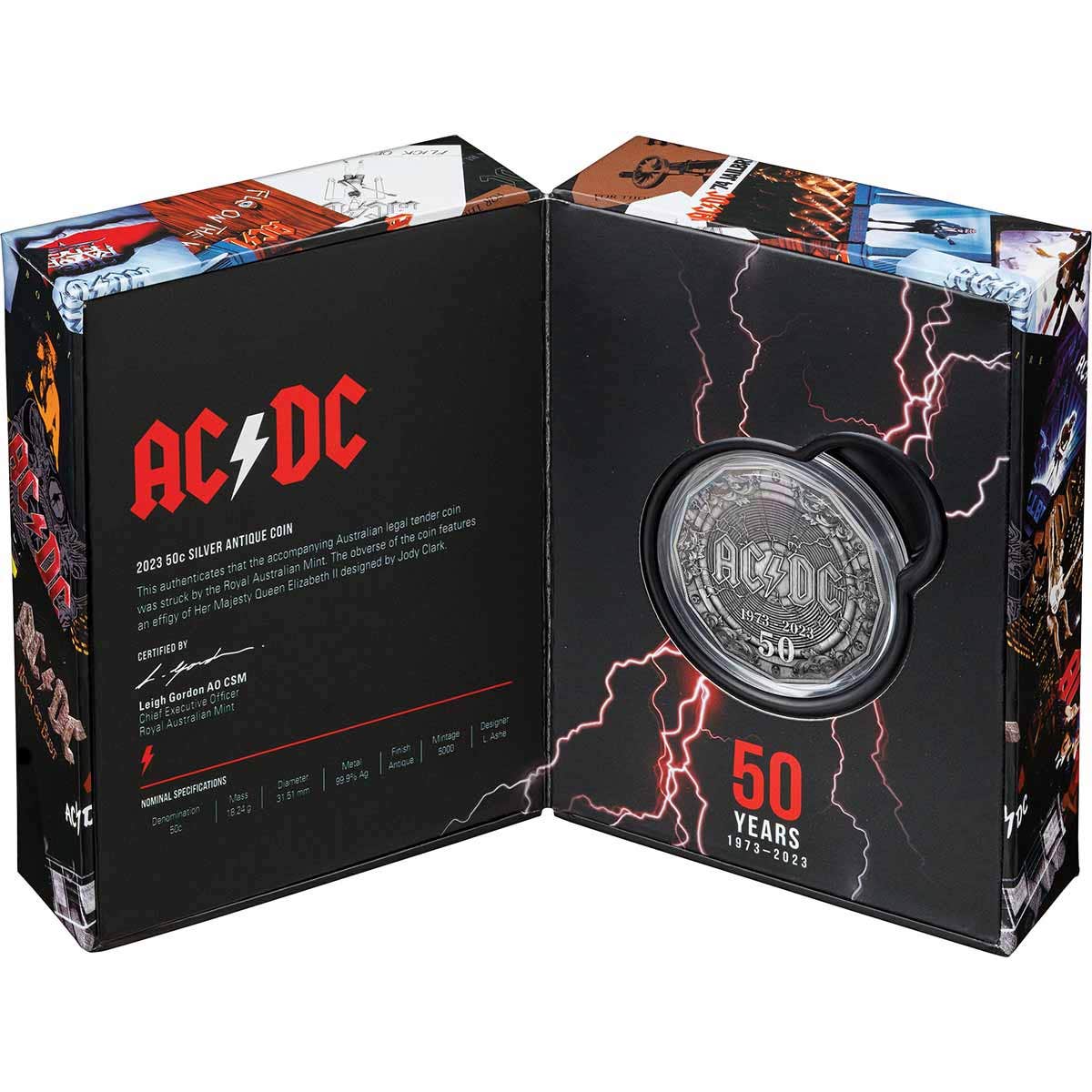 AC/DC 2023 50c 50th Anniversary Silver Antique Coin - Image 3