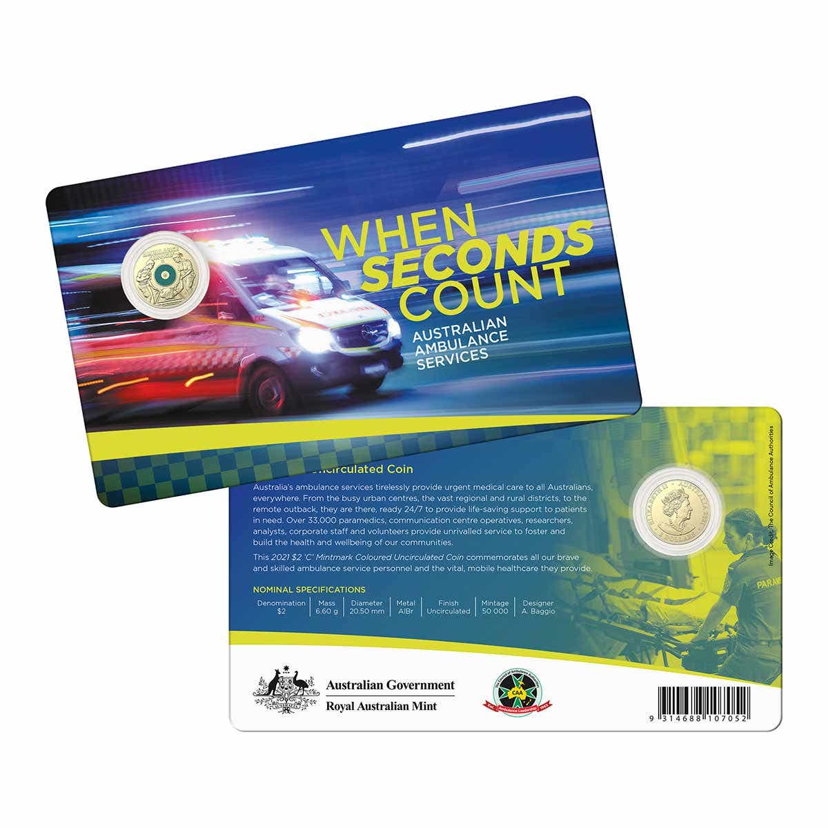 Australia Ambulance 2021 $2 C Mintmark Colour Aluminium-Bronze Uncirculated Coin - Image 3