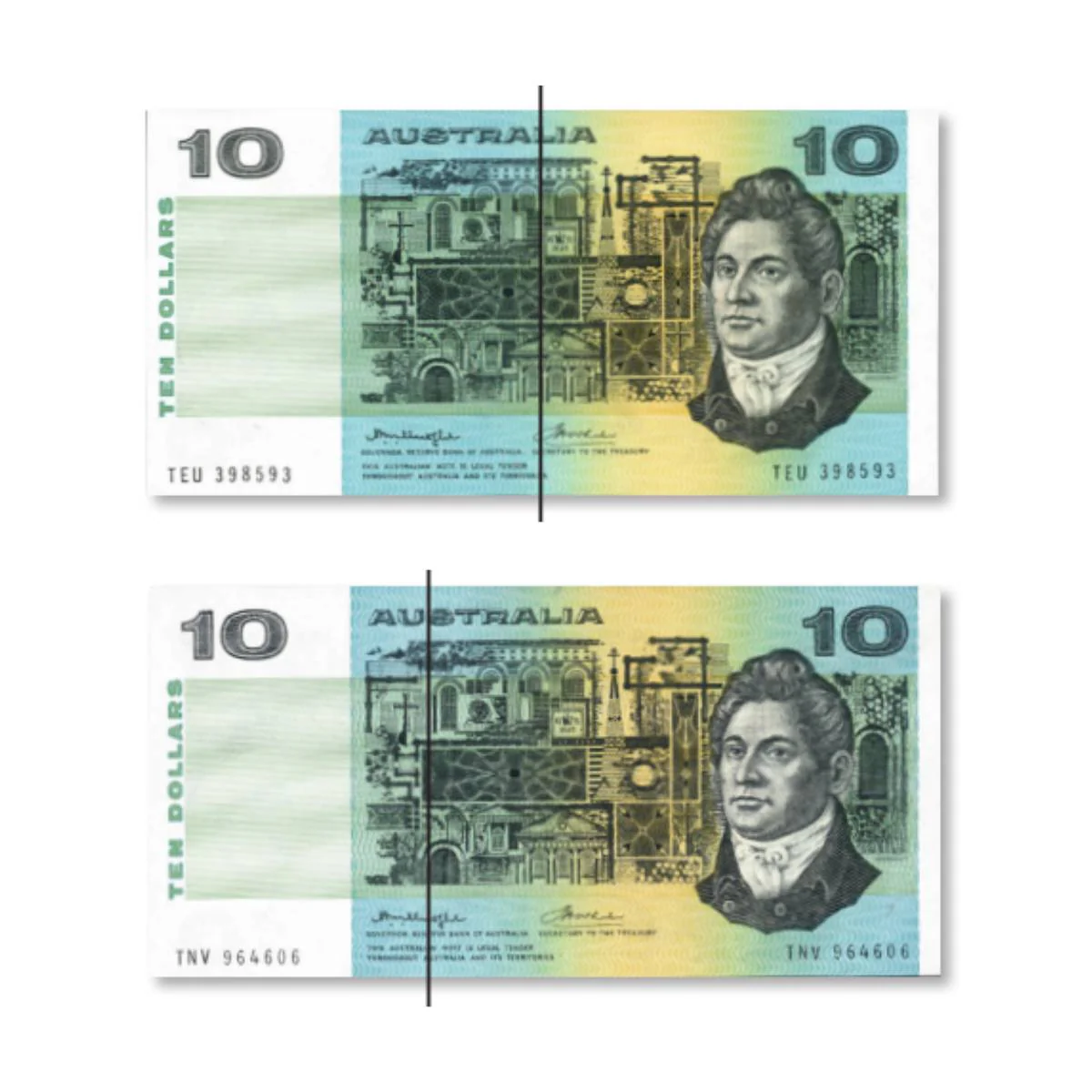 1976 $10 R306a & R306b Knight/Wheeler with  centre & side thread pair Uncirculated (2 notes)