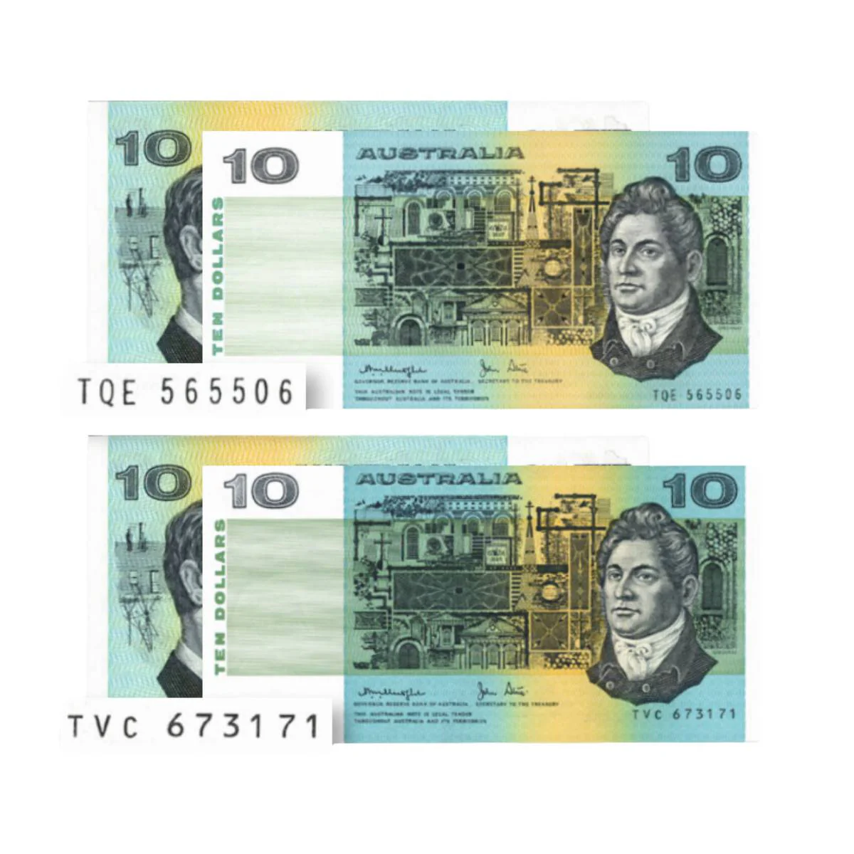 1979 $10 R307a & R307b Knight/Stone Gothic & OCR-B serial pair Uncirculated (2 notes)