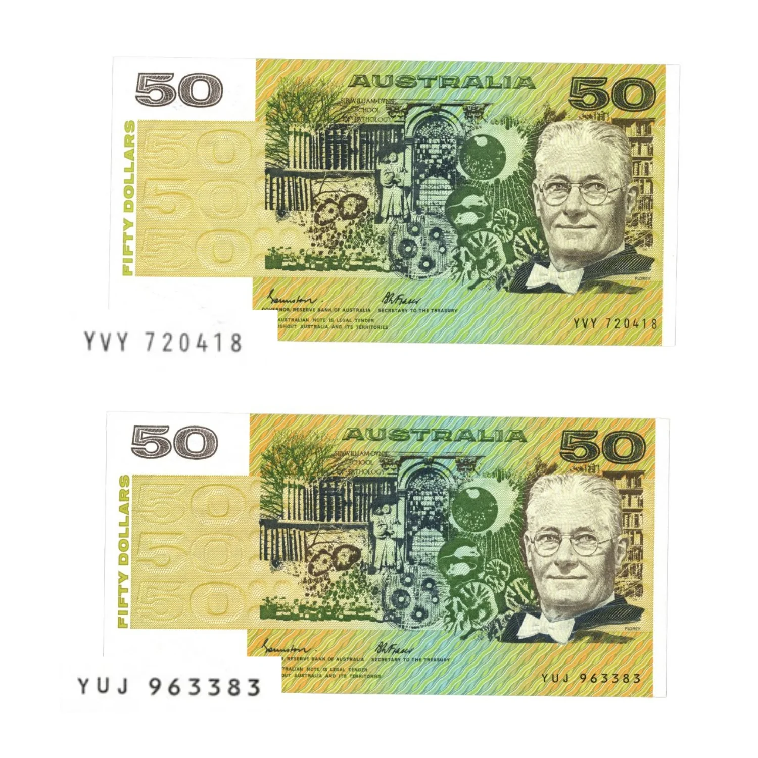 1985 $50 R509a & R509b Johnston/Fraser Gothic & OCR-B serial pair Uncirculated (2 notes)
