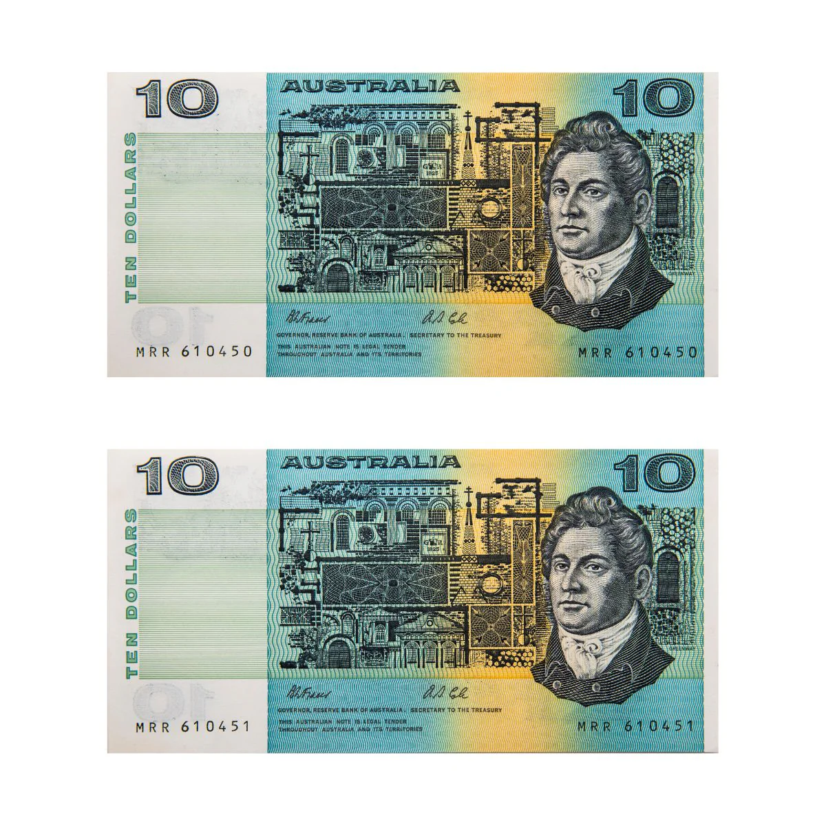 Australia 1991 $10 R313bL Fraser/Cole MRR Last Prefix without PIL Uncirculated Banknote Consecutive Pair