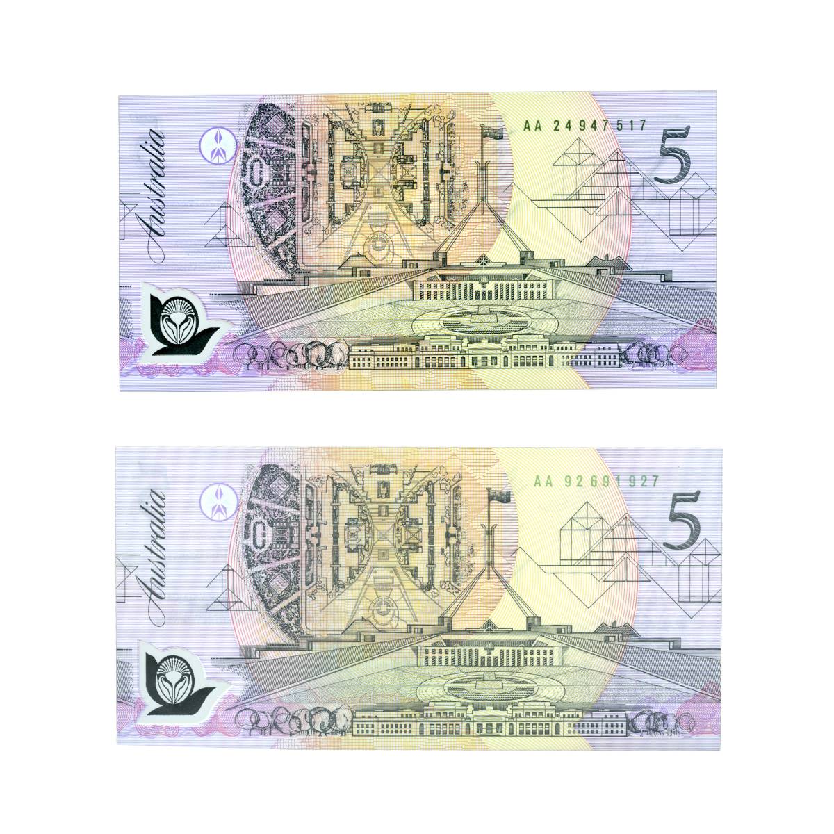 1992 $5 Fraser/Cole (R214 & R214i) Dark Green & Pale Green Serial Numbers Pair Uncirculated (2 notes)