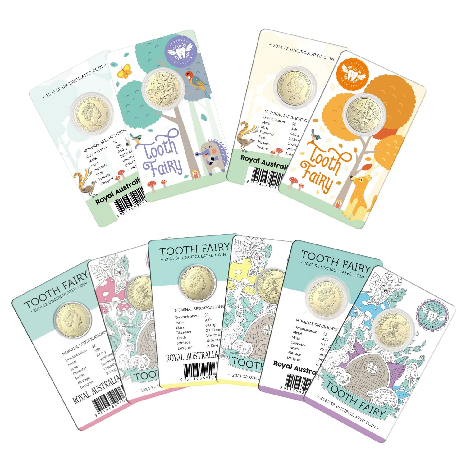 Australia 2020-2024 $2 Tooth Fairy Aluminium-Bronze Uncirculated 5-Coin Bundle
