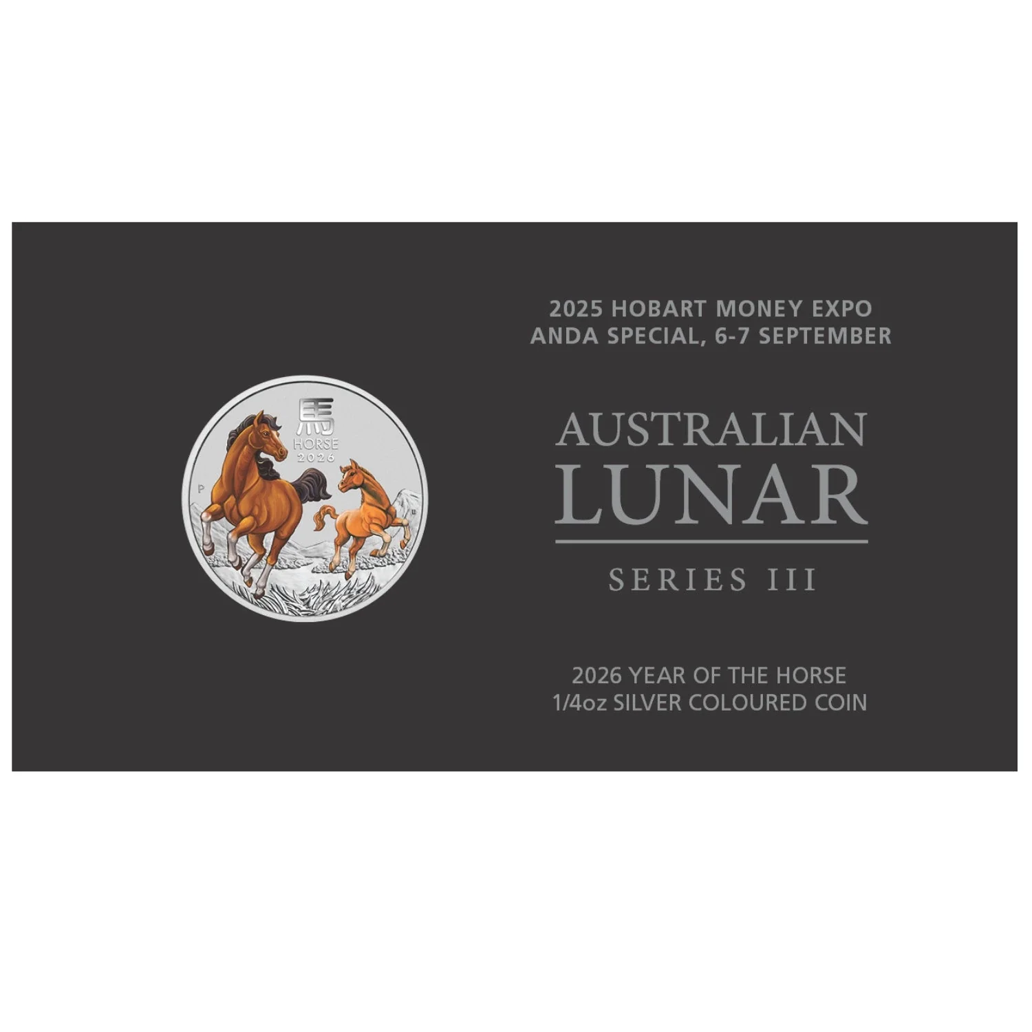 Australia ANDA Hobart Money Expo 2026 25c Colour Year of the Horse 1/4oz Silver Brilliant Uncirculated Coin - Image 3