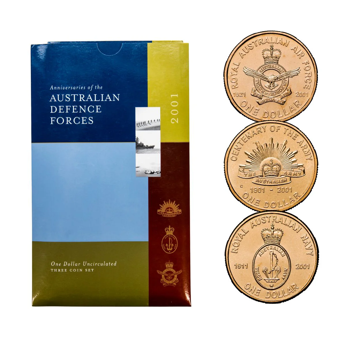 Australia Army, RAAF & Navy Anniversary 2001 $1 Alumium-Bronze Uncirculated 3-Coin Set