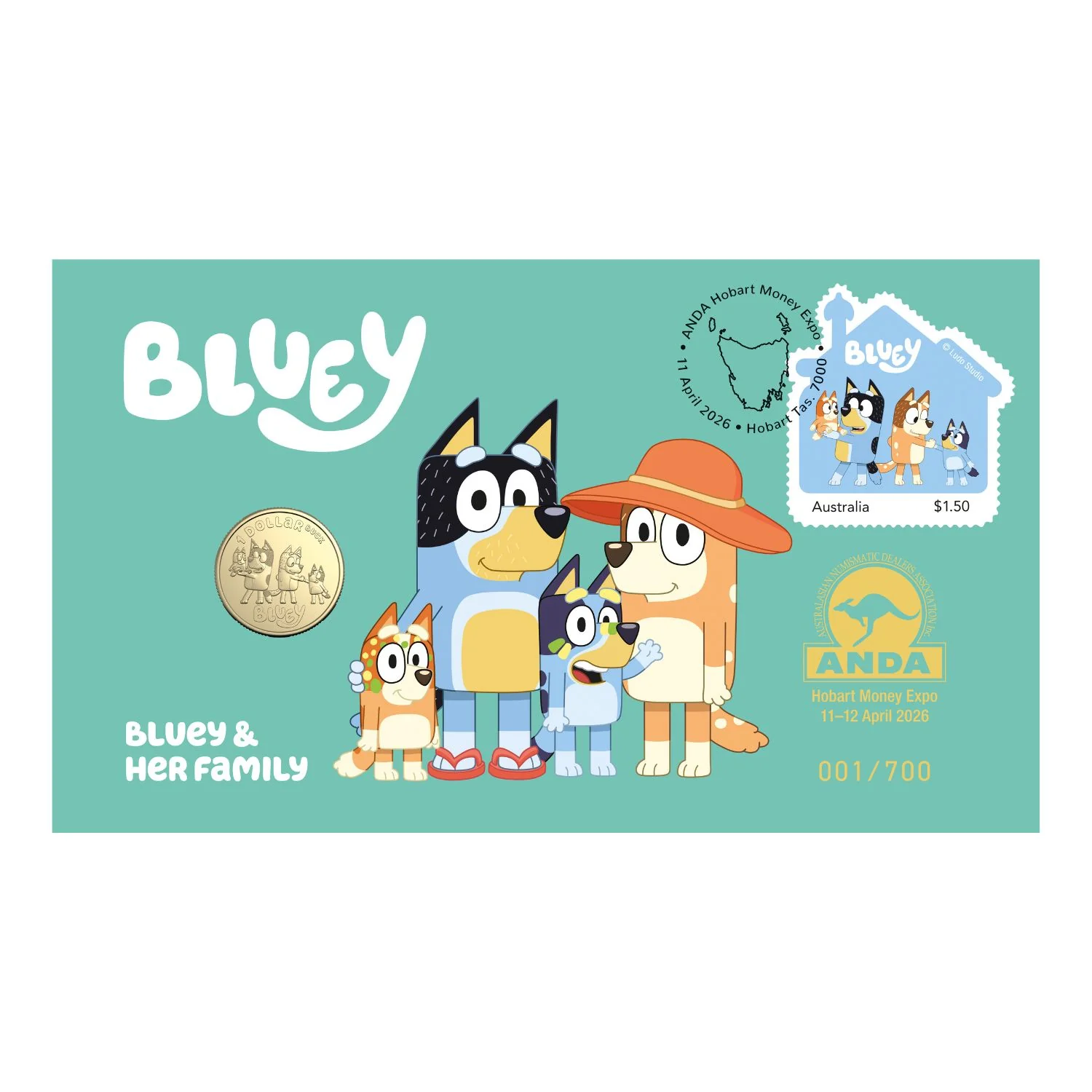 Australia ANDA Hobart Money Expo Bluey Dollarbucks 2024 $1 The Heelers Stamp & Coin Cover
