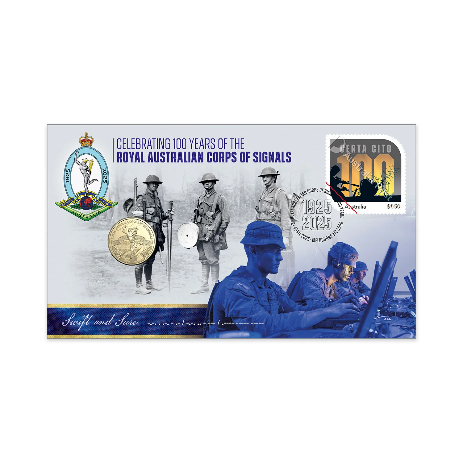 Australia Centenary of Royal Australian Corps of Signals 2025 $1 Stamp & Coin Cover