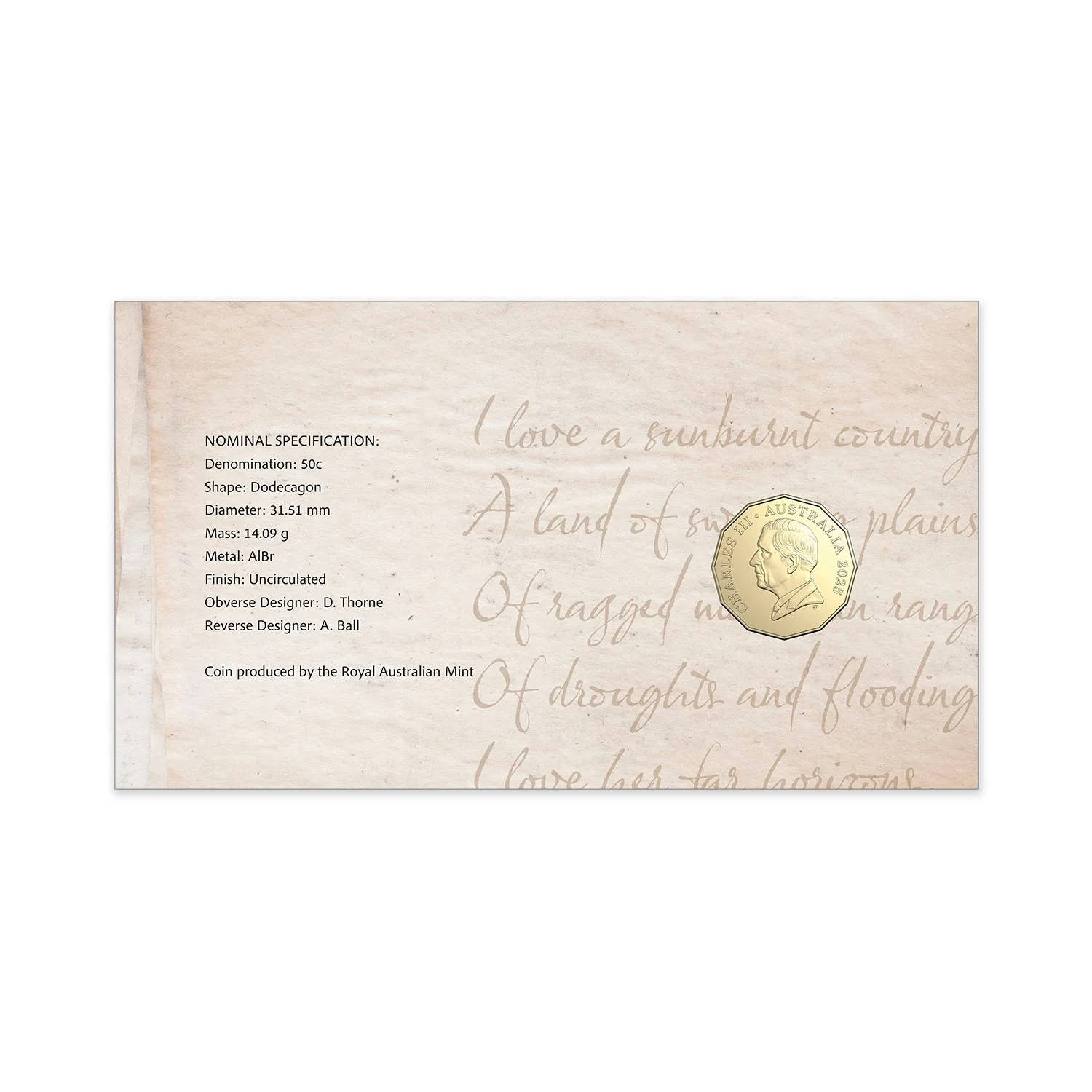 Australia Dorothea Mackellar - My Country 2025 50c Stamp & Coin Cover - Image 5