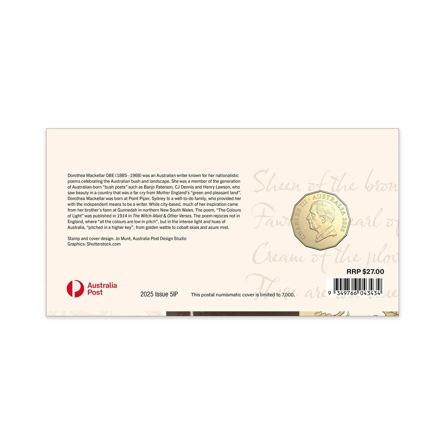 Australia Dorothea Mackellar - The Colours of Light 2025 50c Stamp & Coin Cover - Image 6