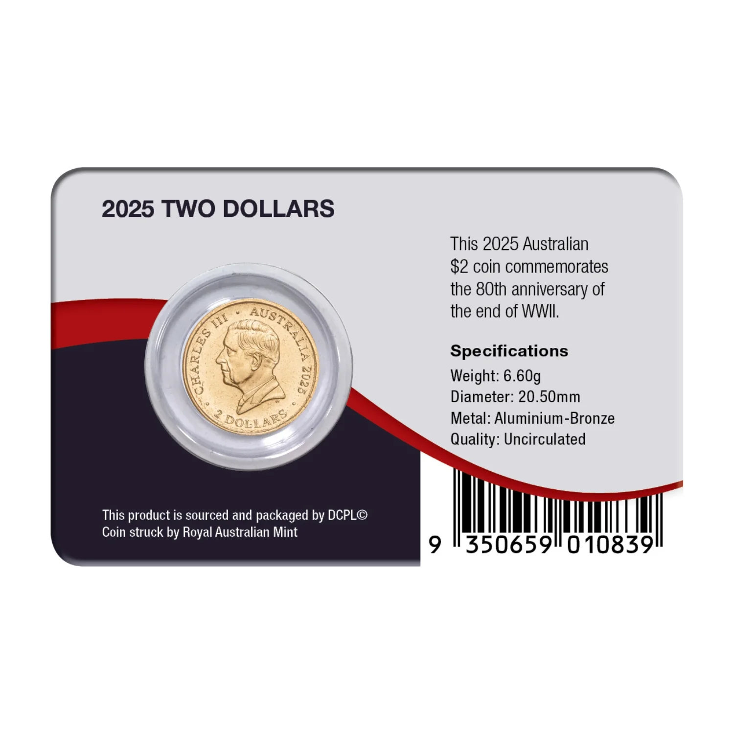 Australia WWII 80th Anniversary Poppy Wreath 2025 $2 Colour Aluminium-Bronze Uncirculated Coin Pack - Image 2