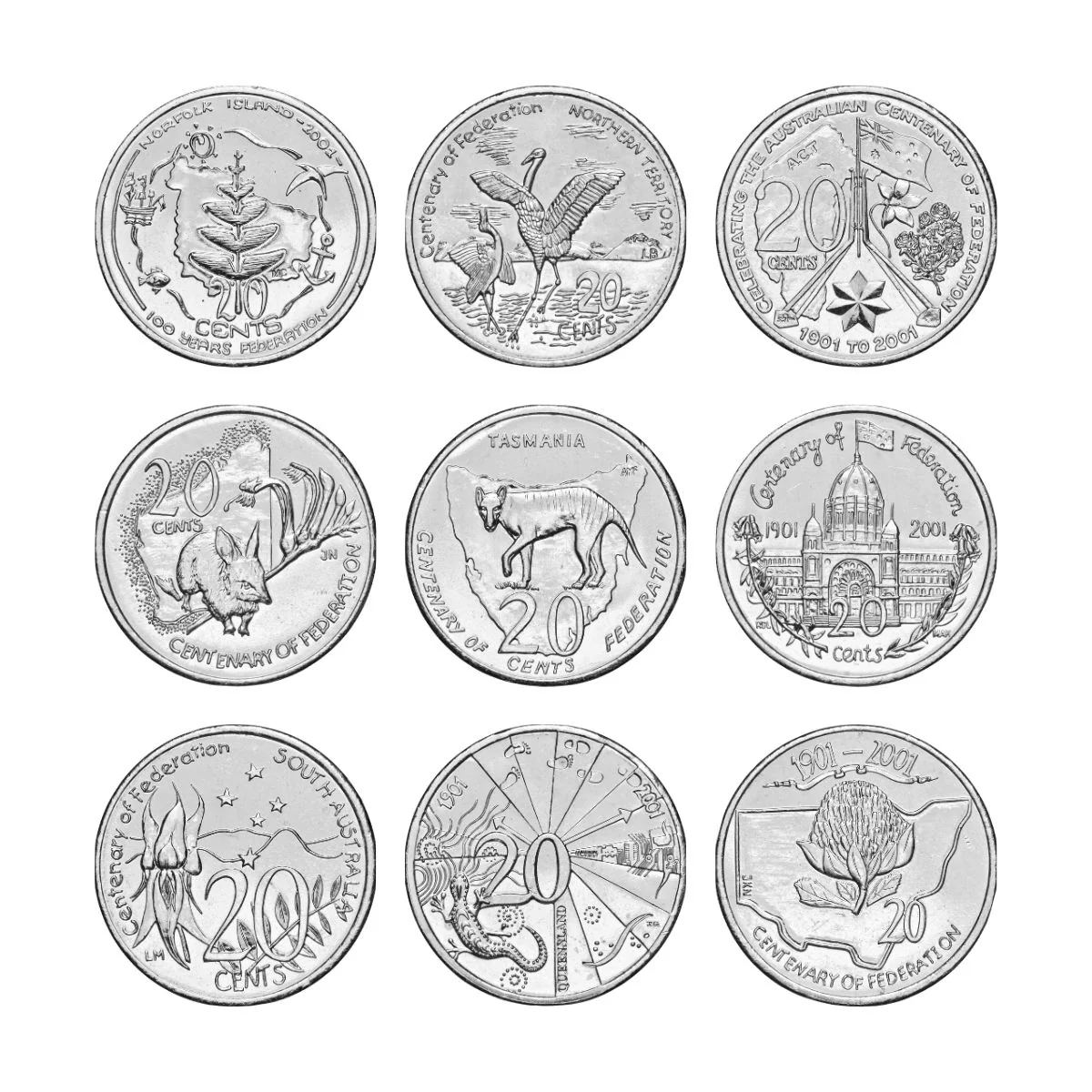 Australia Federation Centenary 2001 20c States & Territories Uncirculated 9-Coin Portfolio - Image 2