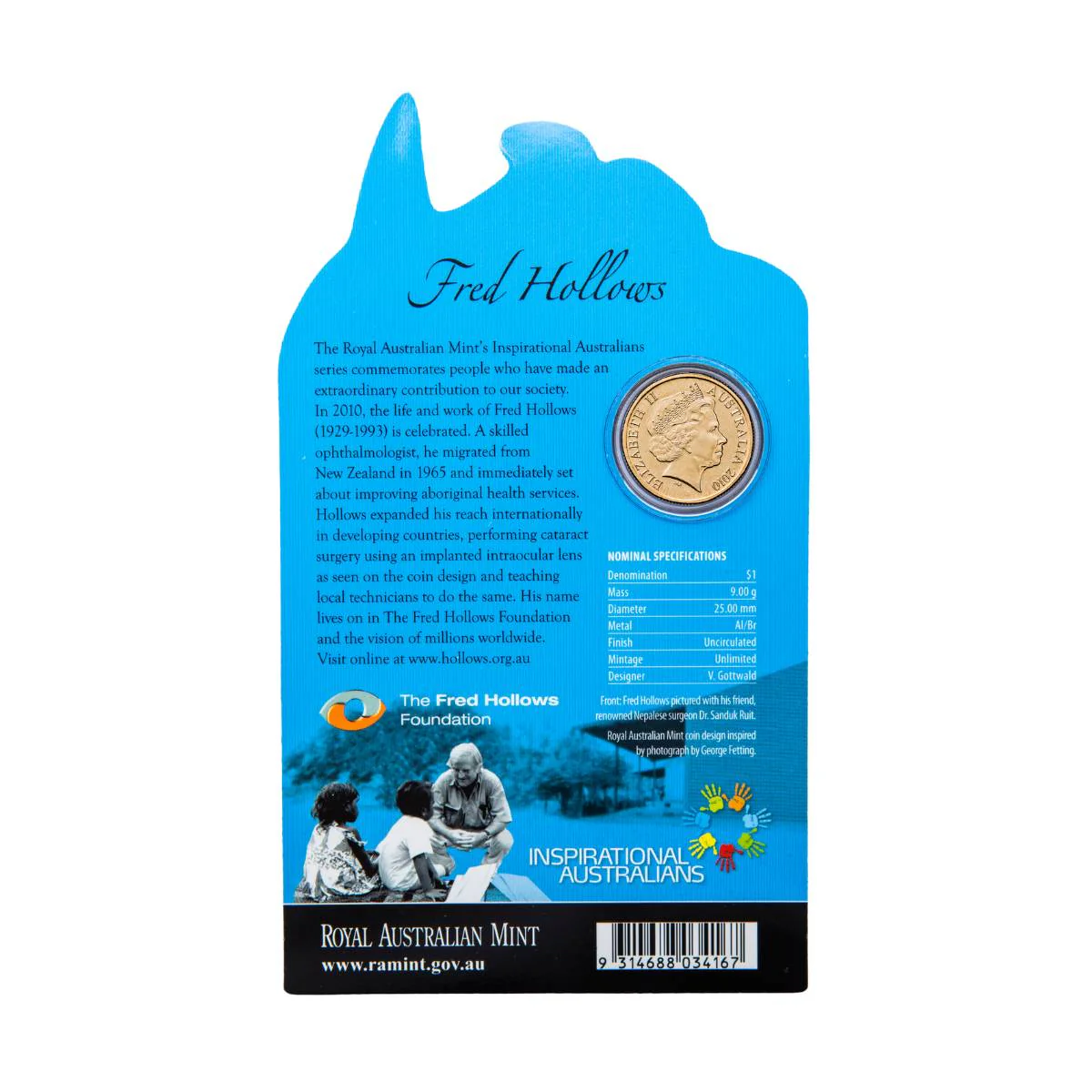 Australia Fred Hollows 2010 $1 Aluminium-Bronze Uncirculated Coin - Image 4