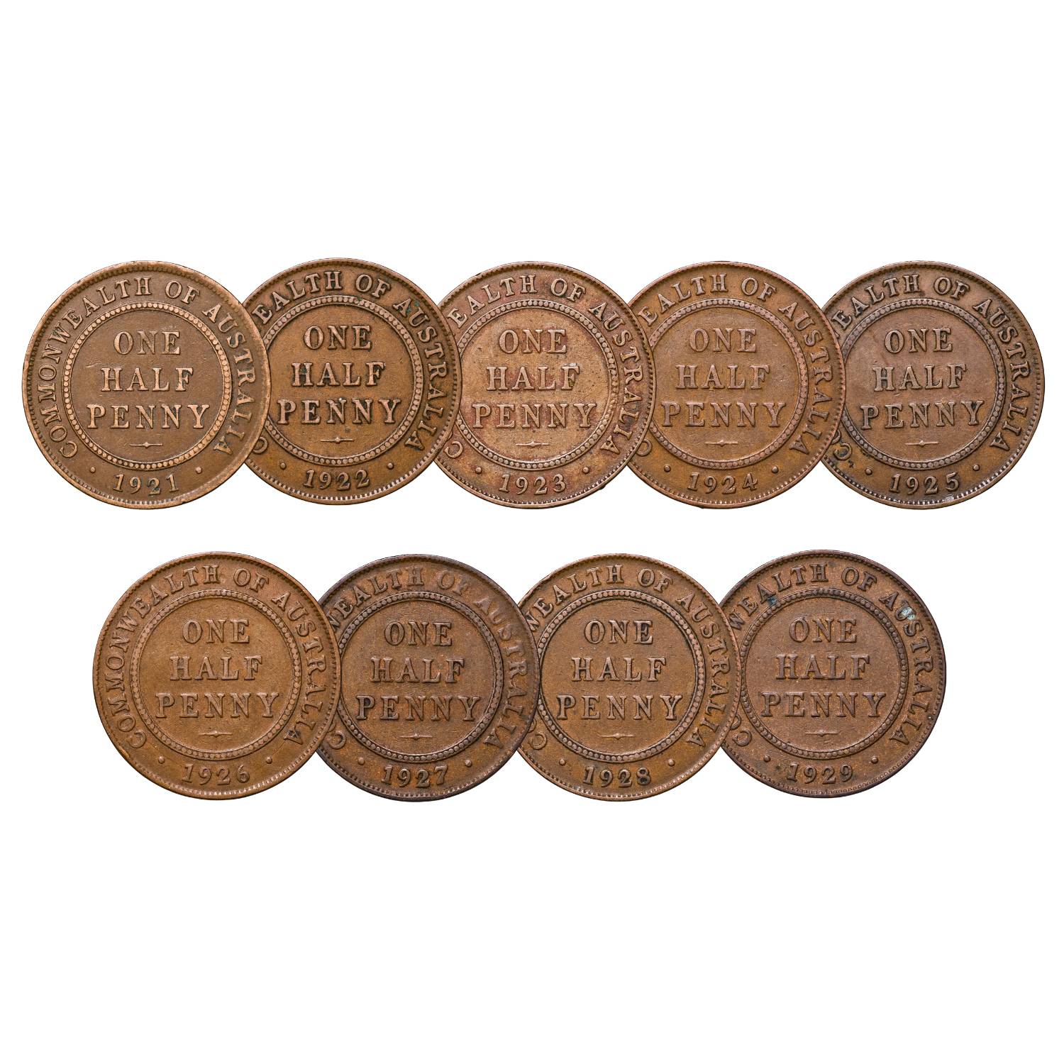 Australia George V 1921-29 Halfpenny Very Good-Fine 9-Coin Set