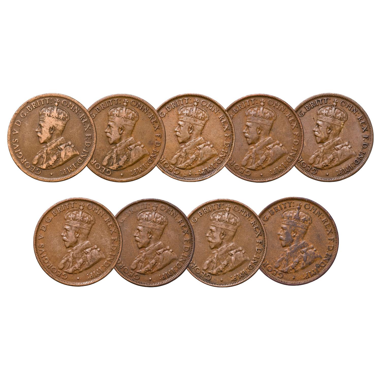 Australia George V 1921-29 Halfpenny Very Good-Fine 9-Coin Set - Image 2