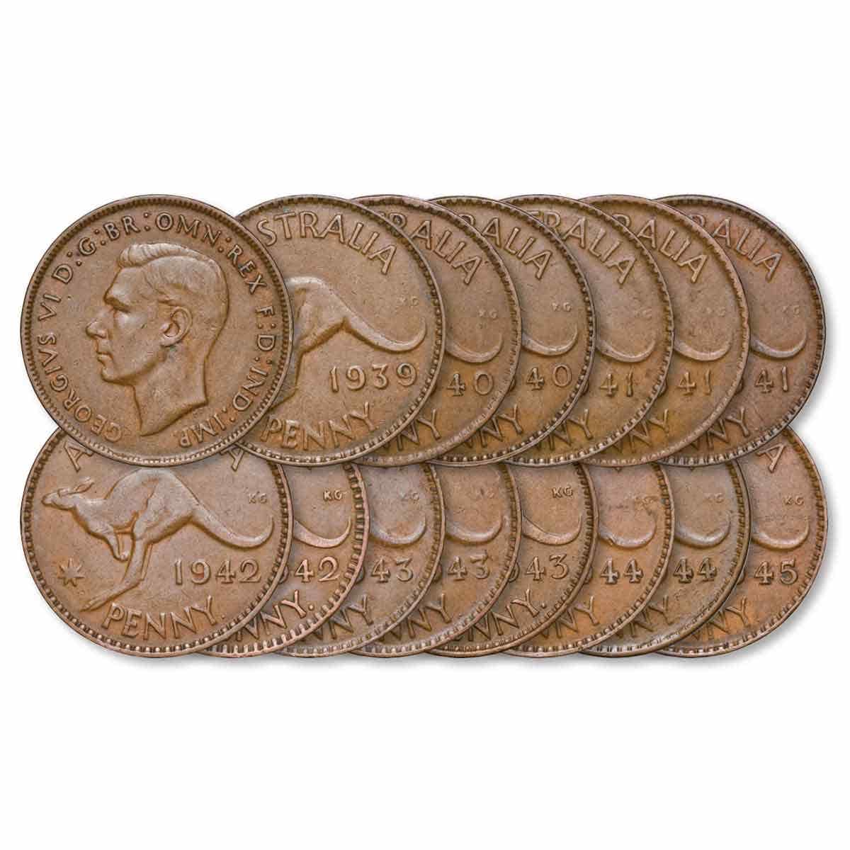 Australia George VI 1939-45 Complete Penny Fine-Very Fine 14-Coin Set