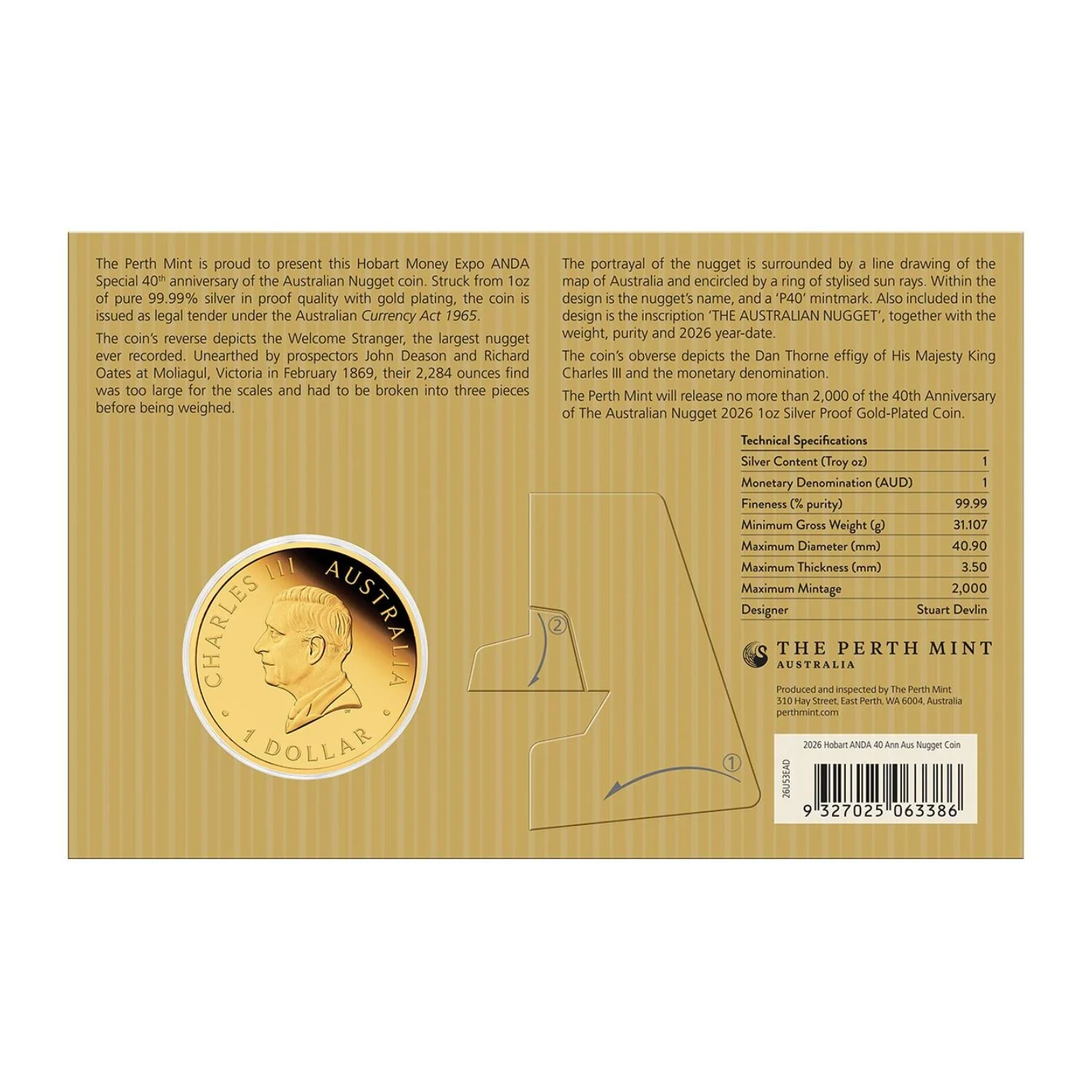 Australia ANDA Hobart Money Expo Gold Nugget Program 40th Anniversary 2026 $1 Gold-plated 1oz Silver Proof Coin - Image 2