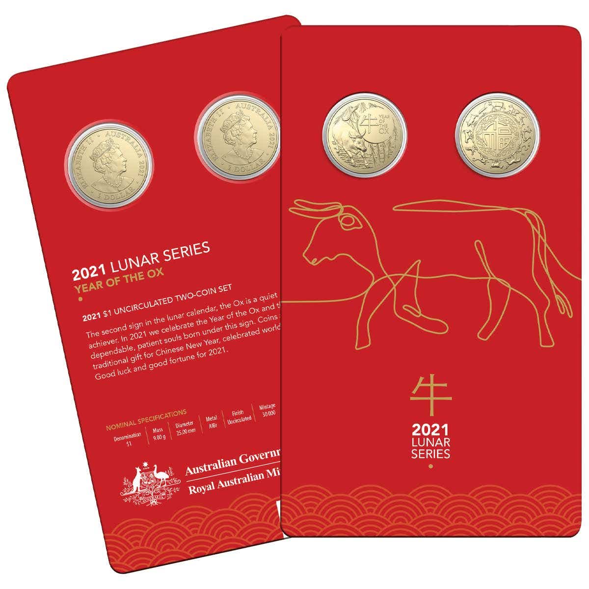 Australia Lunar Year of the Ox 2021 $1 Aluminium-Bronze Uncirculated 2-Coin Set - Image 5