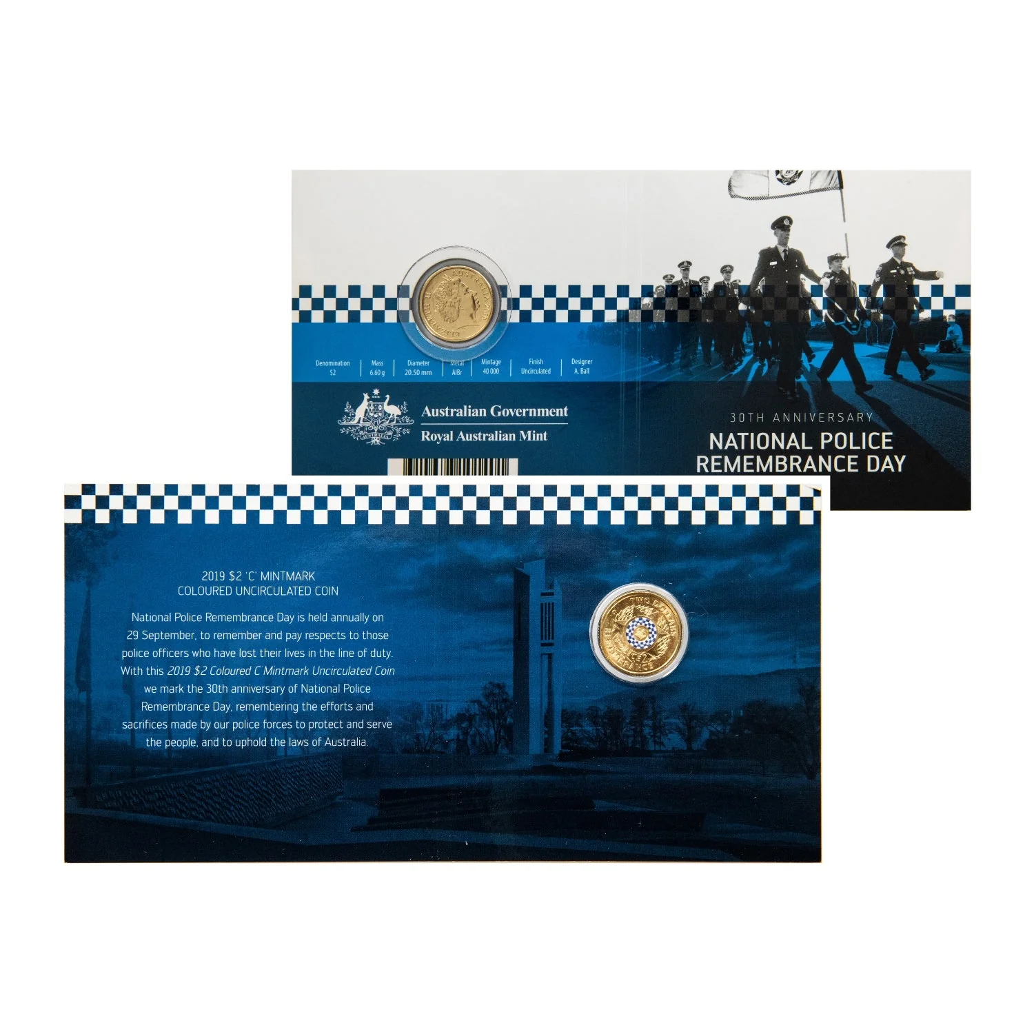 Australia Police Remembrance Day 2019 $2 C Mintmark Colour Aluminium-Bronze Uncirculated Coin - Image 3