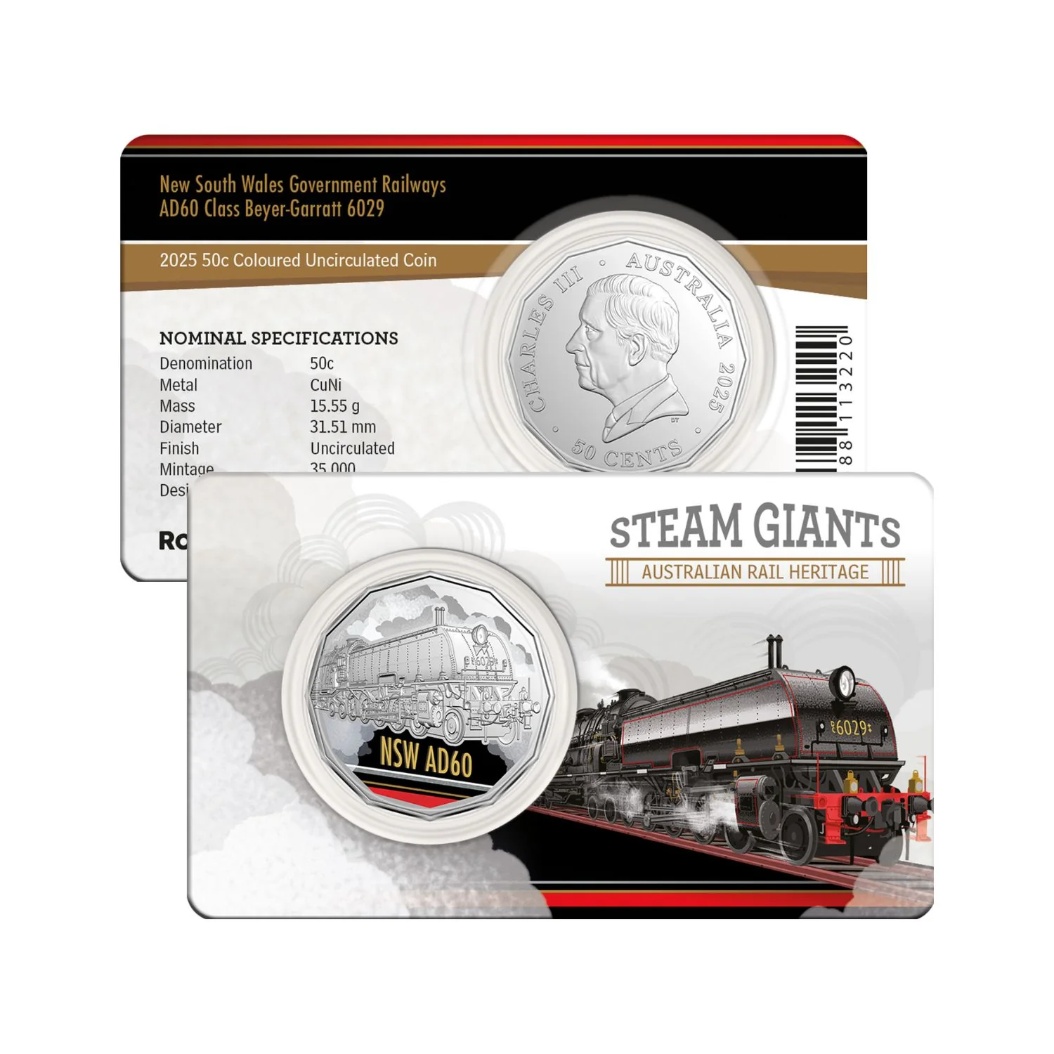 Australia Steam Giants 2025 50c NSW Government Railways AD60 Class Beyer-Garratt 6029 Colour Cupro-Nickel Uncirculated Coin