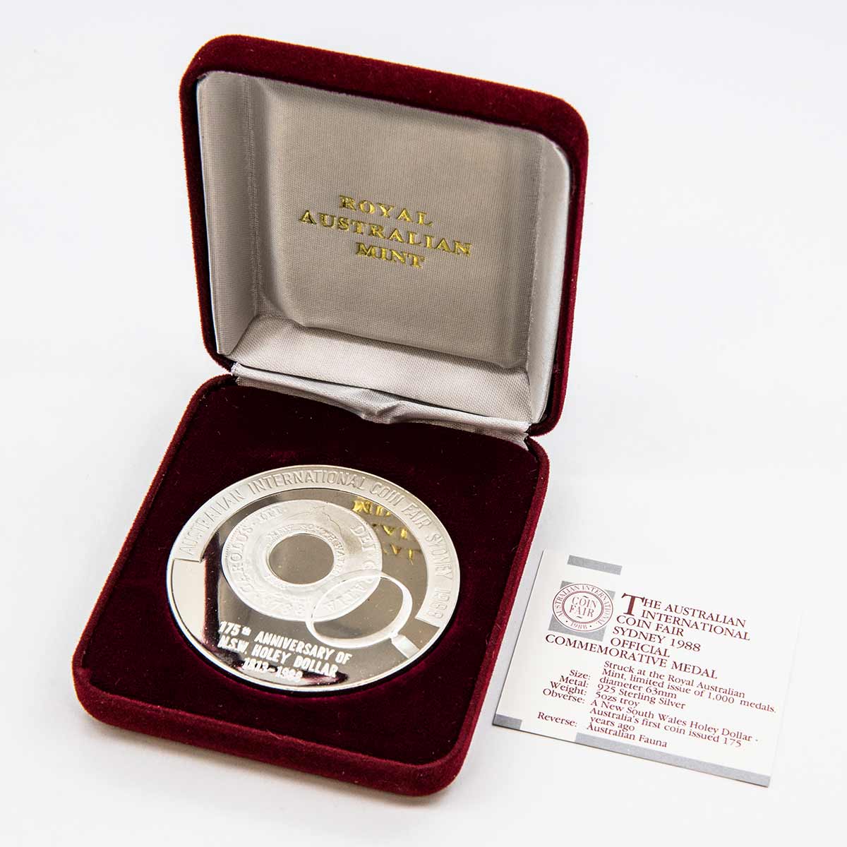1988 Australian International Coin Fair Holey Dollar 175th Anniversary 5oz Silver Medallion - Image 3