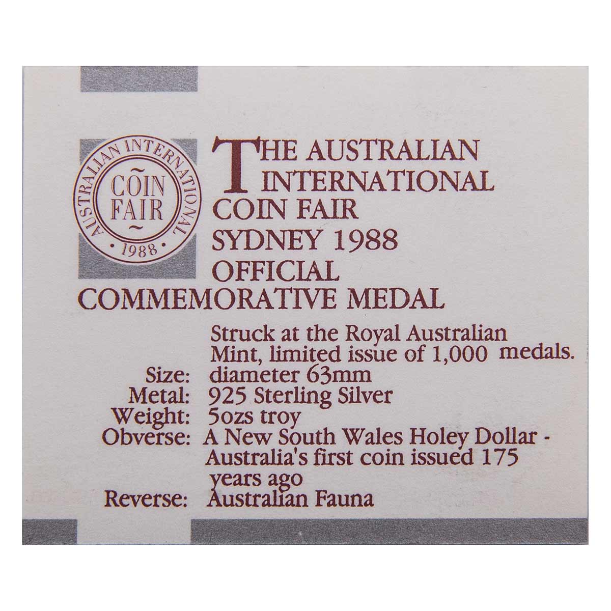 1988 Australian International Coin Fair Holey Dollar 175th Anniversary 5oz Silver Medallion - Image 4