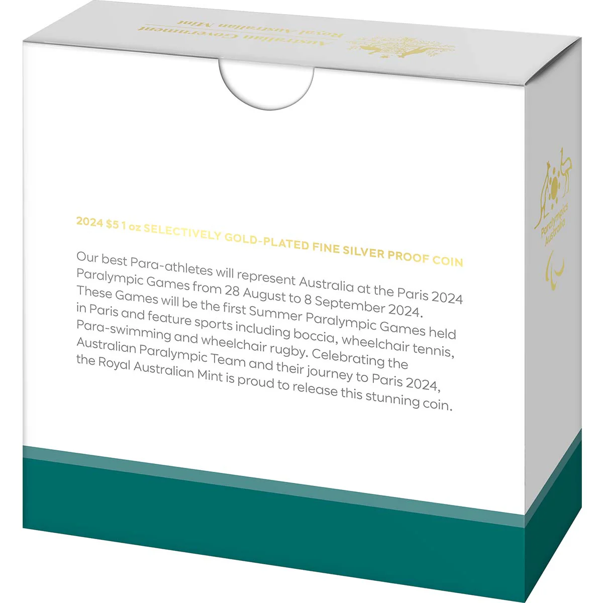 Australian Paralympic Team 2024 $5 1oz Selectively Gold-Plated Silver Proof Coin - Image 5