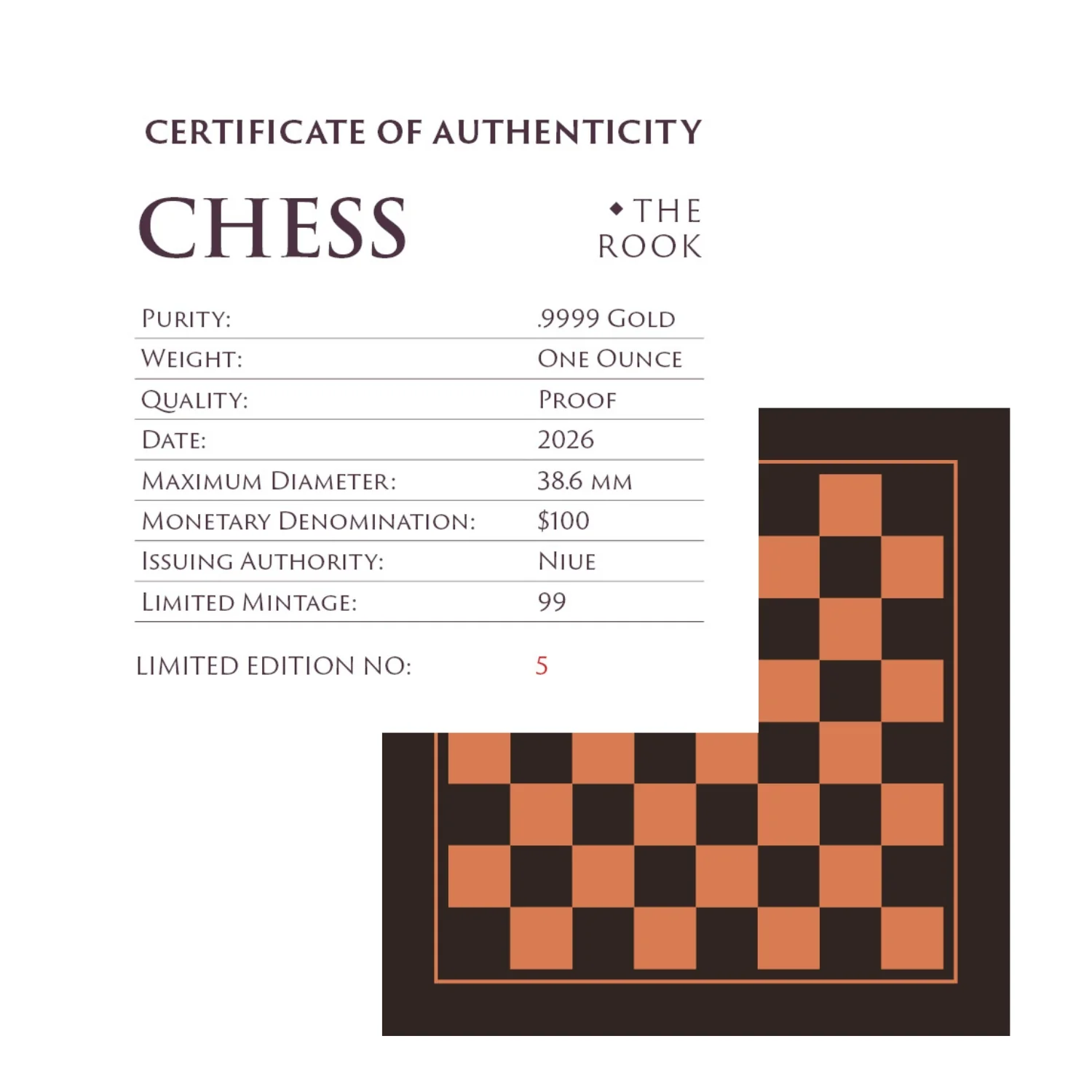 Chess Rook 2026 $100 Platinum-plated 1oz Gold Proof Coin - Image 4