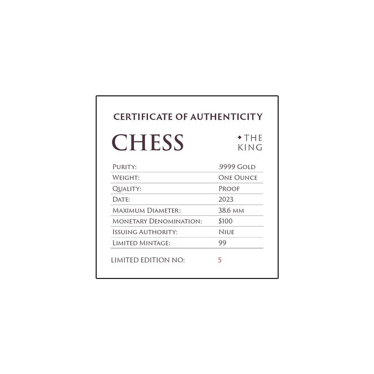 Chess King 2023 $100 Platinum-plated 1oz Gold Proof Coin - Image 4