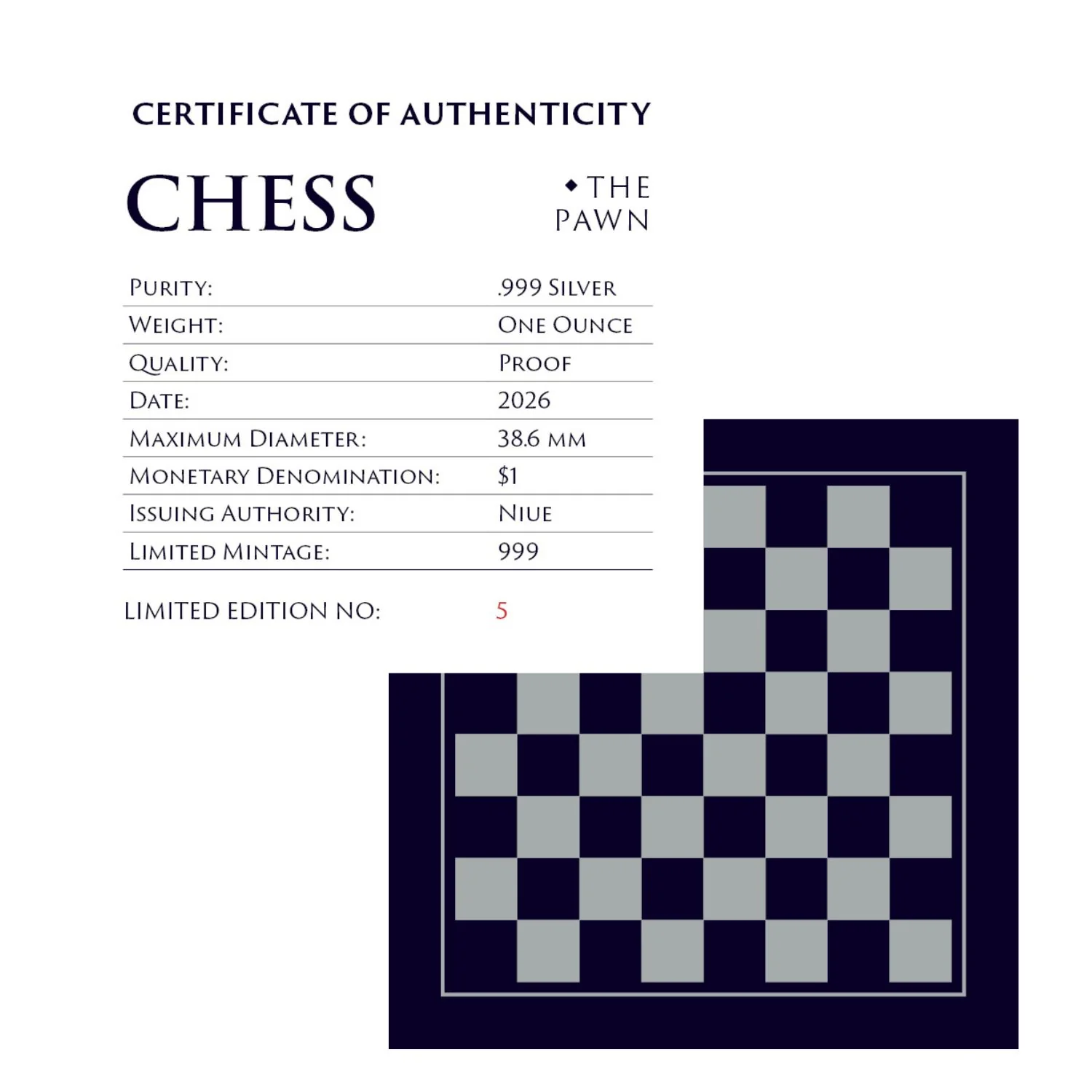 Chess Pawn 2026 $1 1oz Silver Black Proof Coin - Image 5