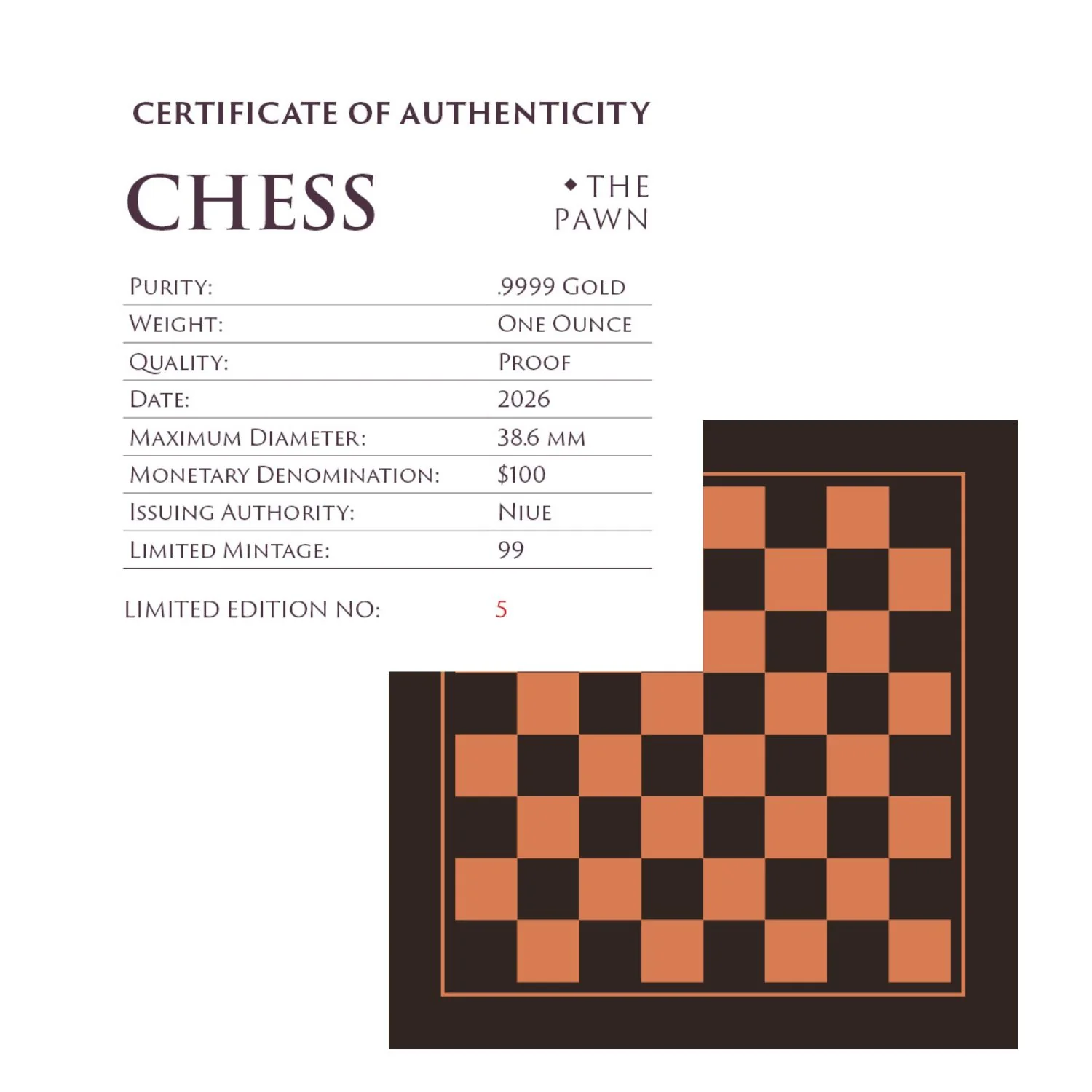 Chess Pawn 2026 $100 Platinum-plated 1oz Gold Proof Coin - Image 4